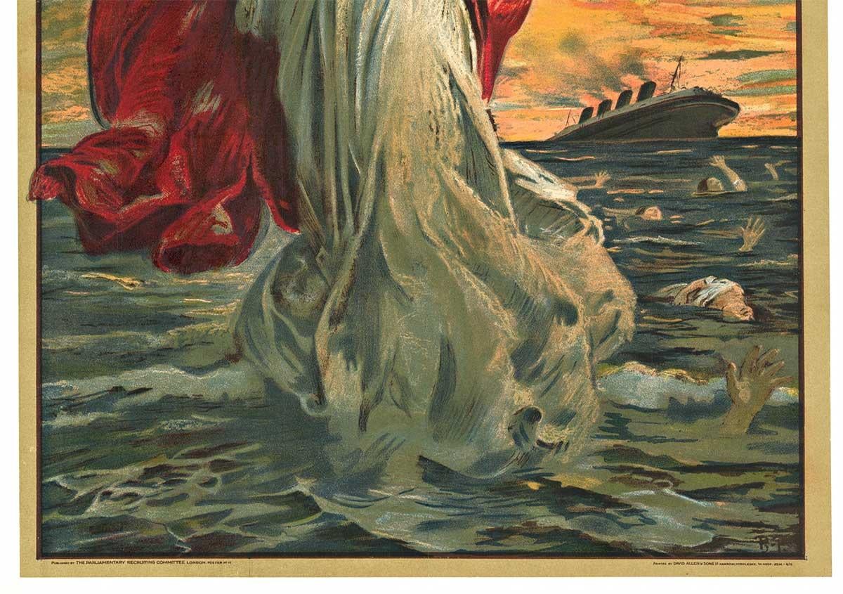 Affiche originale de 1915 «VTake Up The Sword Of Justice » (VTake Up The Sword Of Justice)  Lusitania - Art nouveau Print par Bernard Partridge