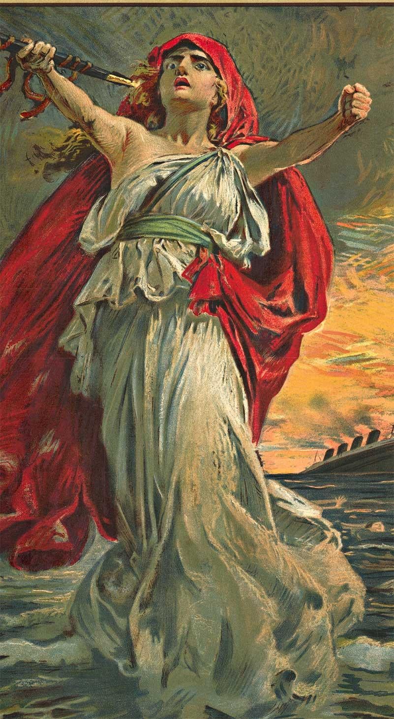 Affiche originale de 1915 «VTake Up The Sword Of Justice » (VTake Up The Sword Of Justice)  Lusitania - Marron Portrait Print par Bernard Partridge