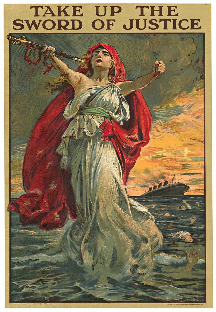Manifesto d'epoca originale del 1915 "Up & Up La Spada Della Giustizia".  Lusitania