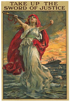 Manifesto d'epoca originale del 1915 "Up & Up La Spada Della Giustizia".  Lusitania