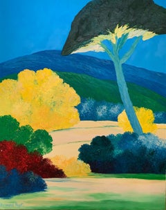 « Bushes In Green & Yellow », huile sur toile de paysage coloré et vibrant 