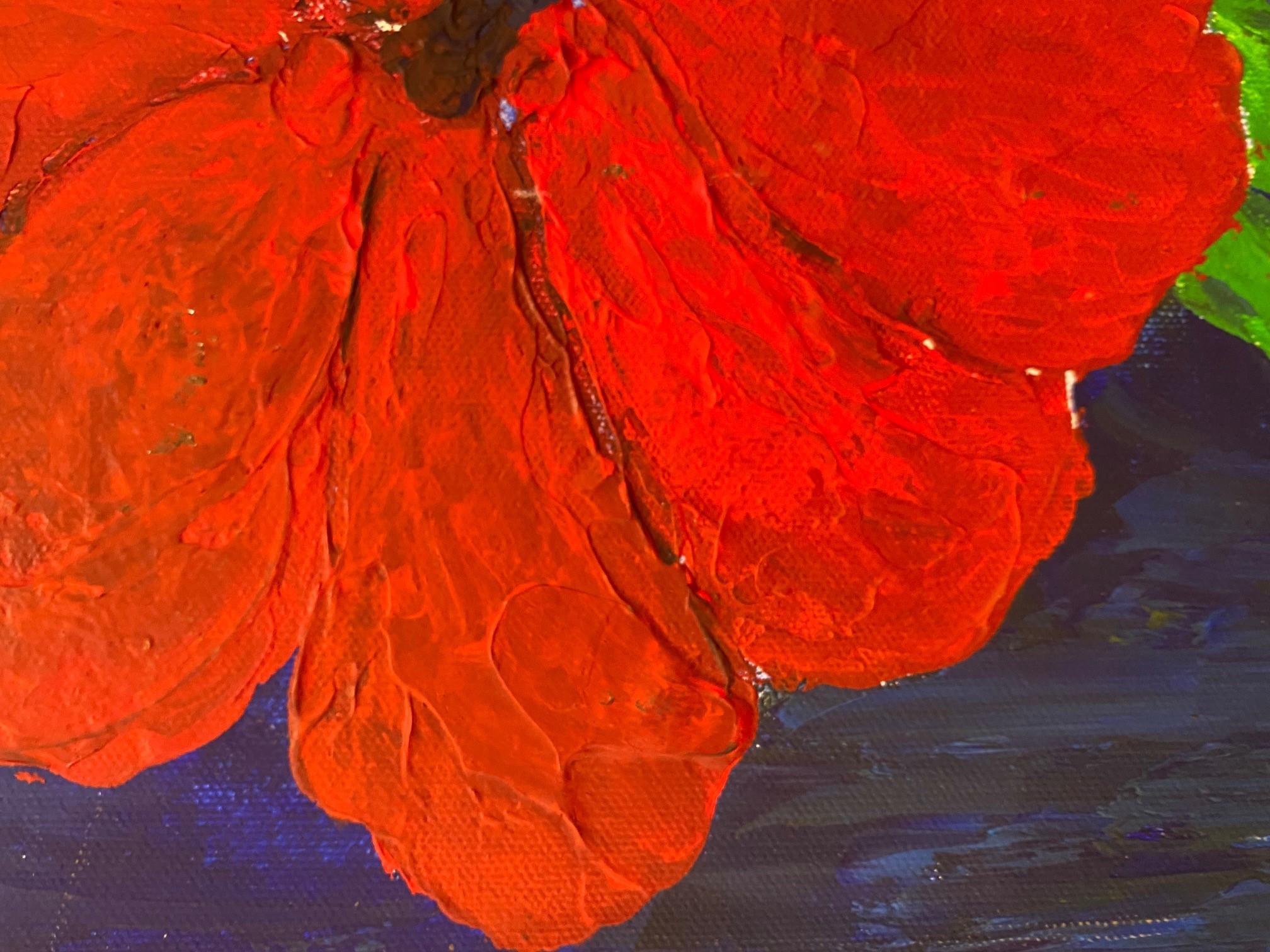 'Red Bright Flowers on a Blue Background' Still Life Contemporary Mixed Media  - Painting by Bernard Payet