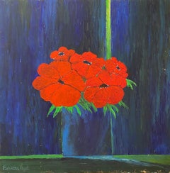 'Red Bright Flowers on a Blue Background' Still Life Contemporary Mixed Media 