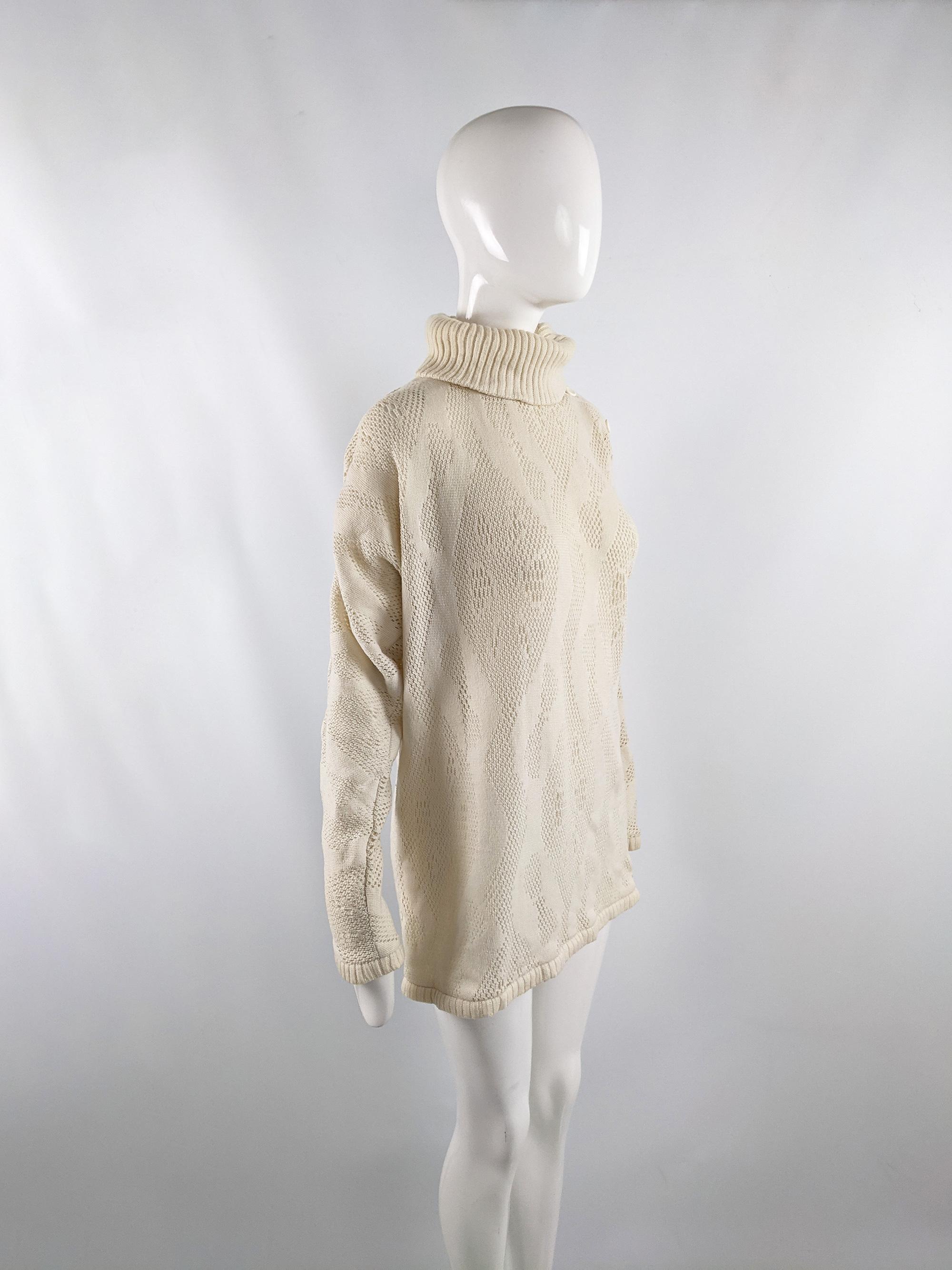 Beige Bernard Perris Vintage 80s Cream Open Knit Split Polo Neck Collar Sweater, 1980s