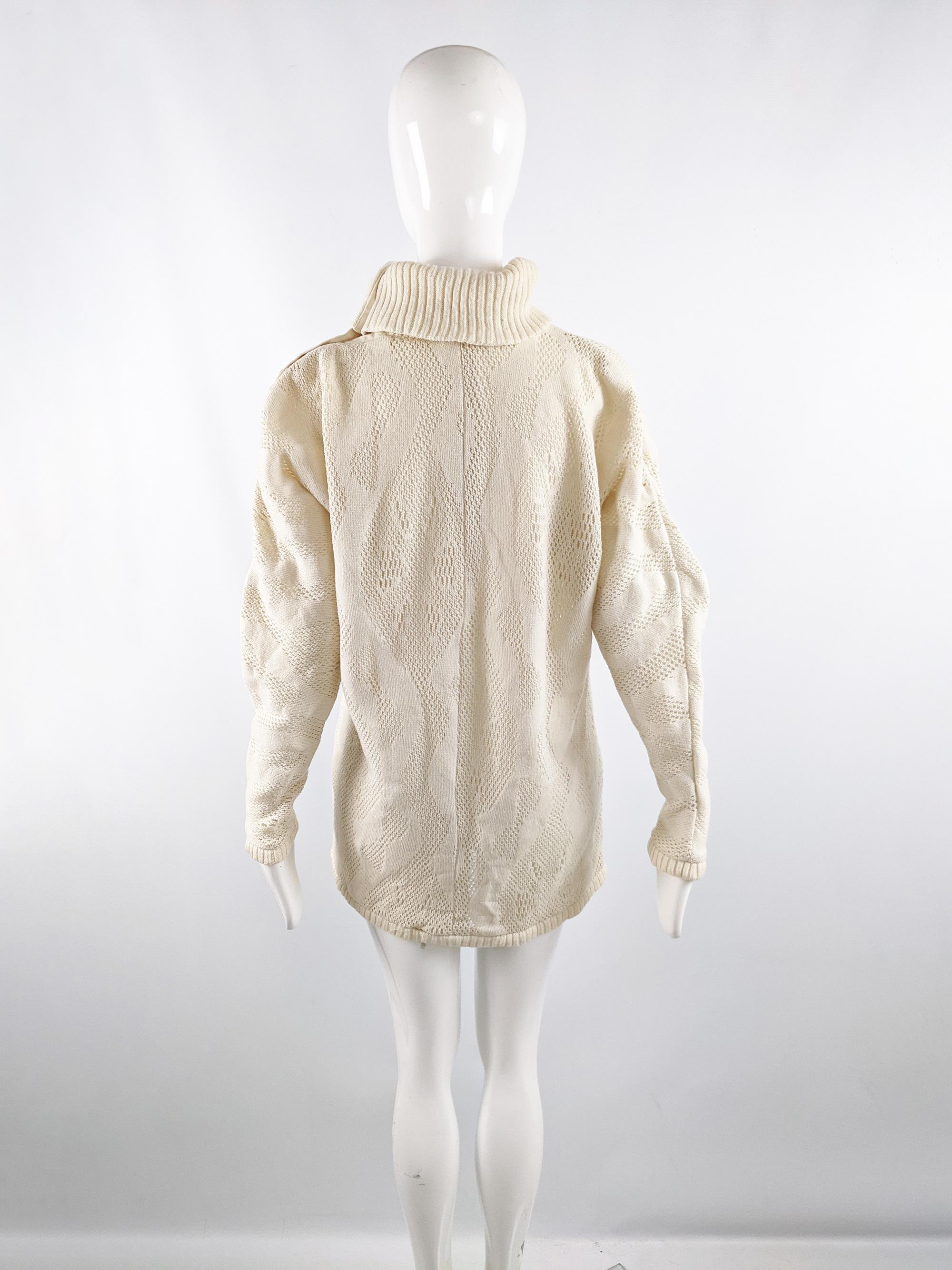 Bernard Perris Vintage 80s Cream Open Knit Split Polo Neck Collar Sweater, 1980s In Excellent Condition In Doncaster, South Yorkshire