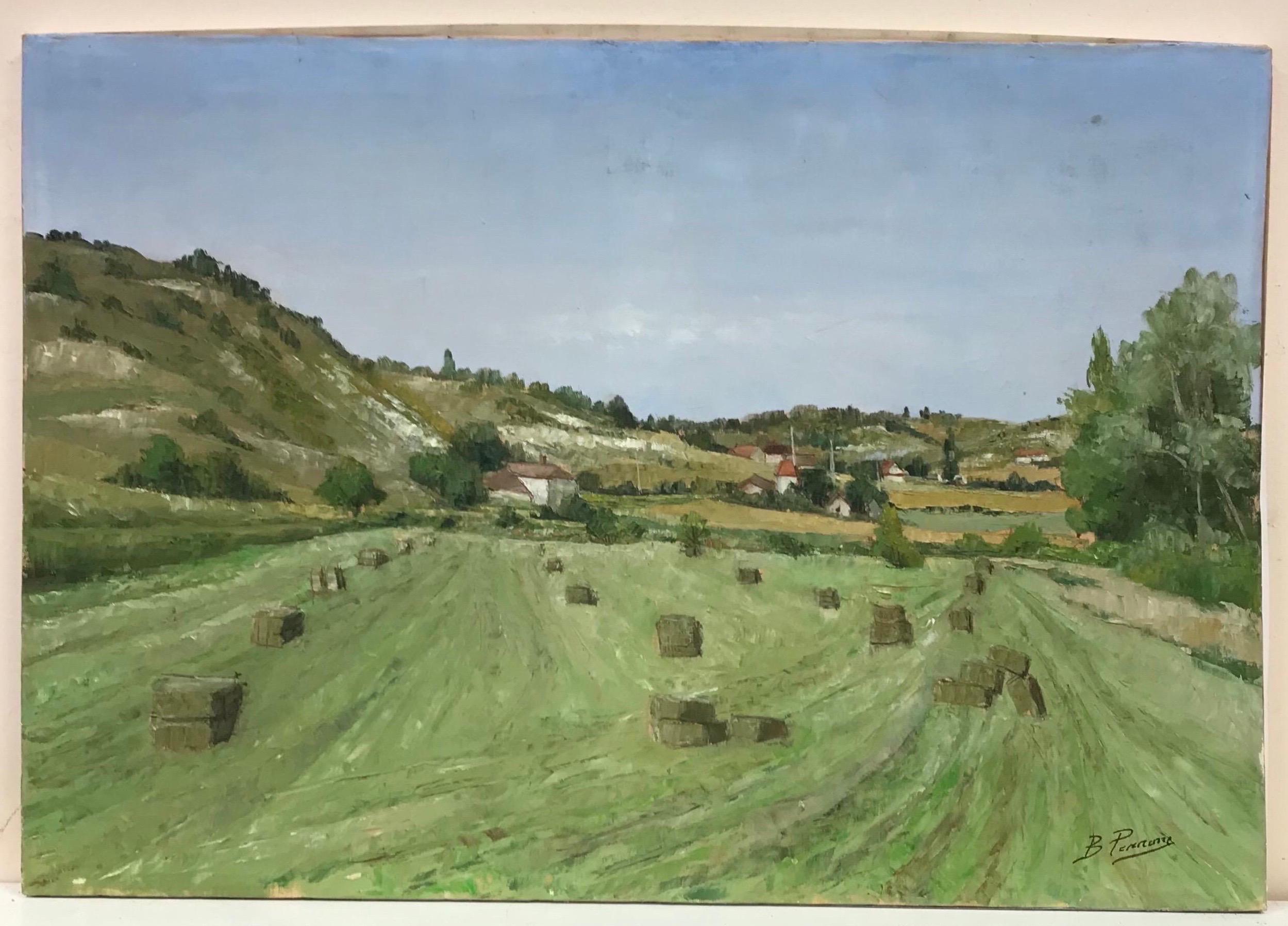 Hay Bales Harvest Green Fields, Large French Landscape signed oil painting - Painting by Bernard Perrone