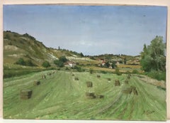Hay Bales Harvest Green Fields, Large French Landscape signed oil painting