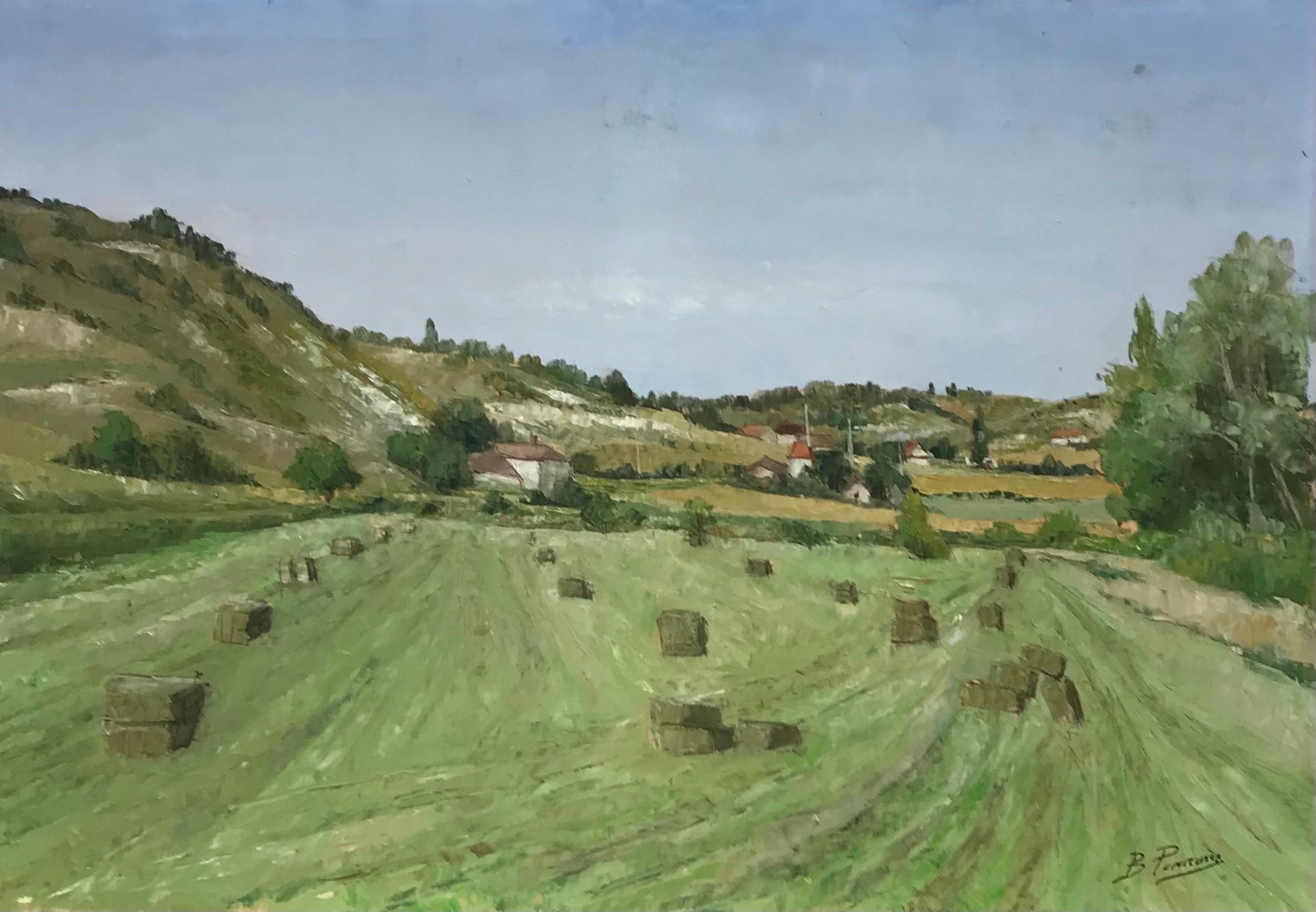 Bernard Perrone Landscape Painting - Hay Bales Harvest Green Fields, Large French Landscape signed oil painting
