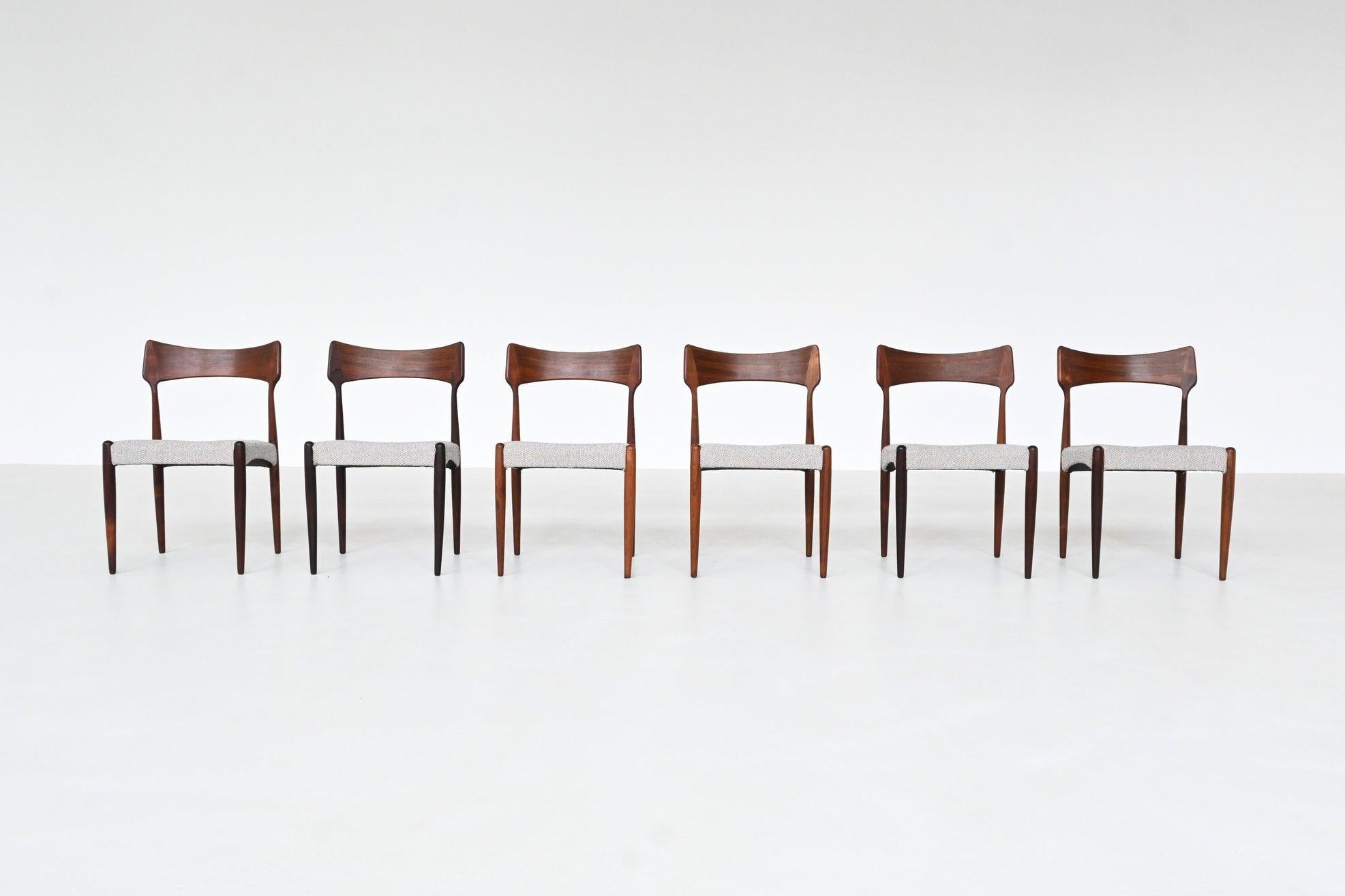Beautiful shaped dining chairs designed by Bernhard Pedersen and produced by Christian Linnebergs Møbelfabrik, Denmark 1960. An elegant expression of Danish modernism. Crafted from luxurious rosewood, each chair showcases a beautifully contoured