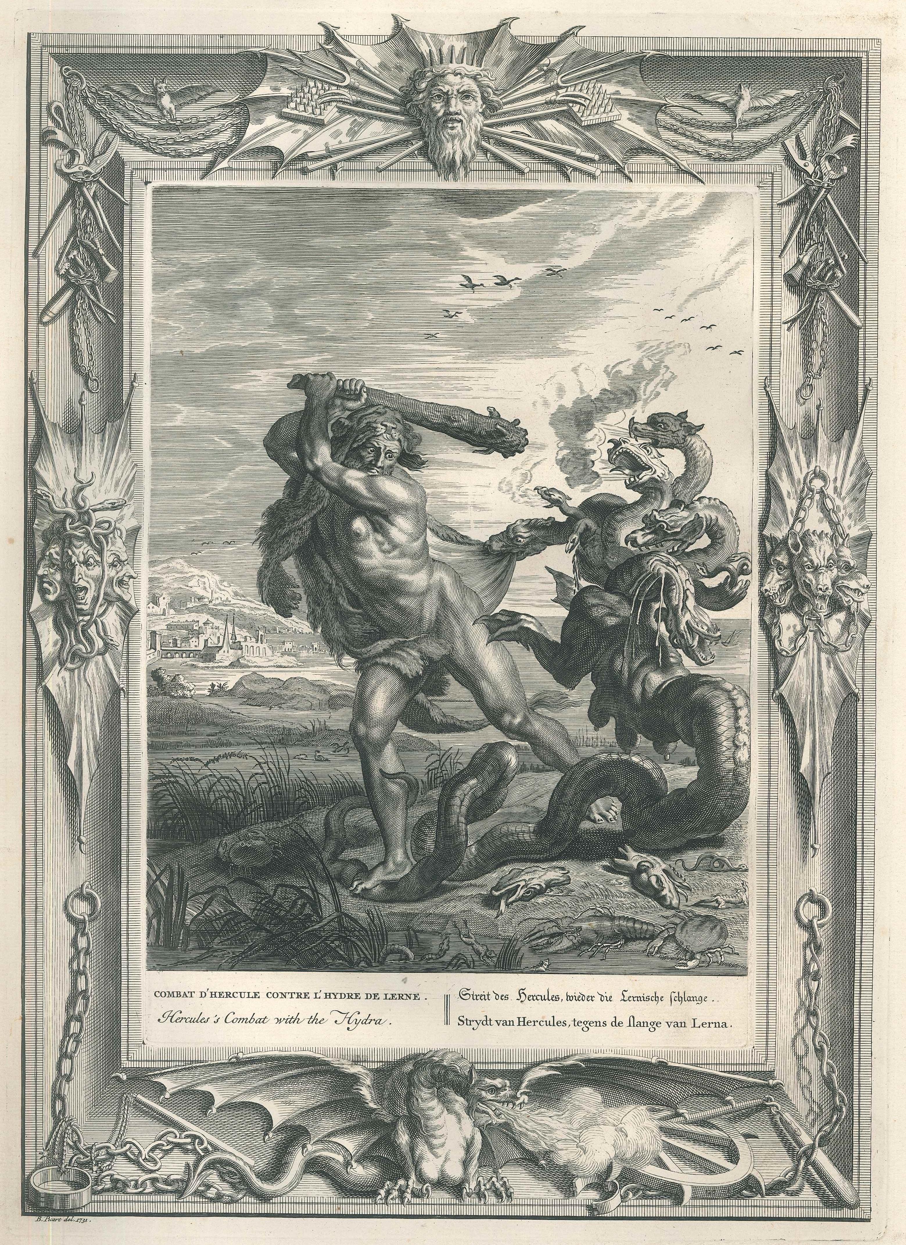 Bernard Picart Figurative Print - Combat d'Hercule, from "Temple des Muses" - Original Etching by B. Picart - 1742