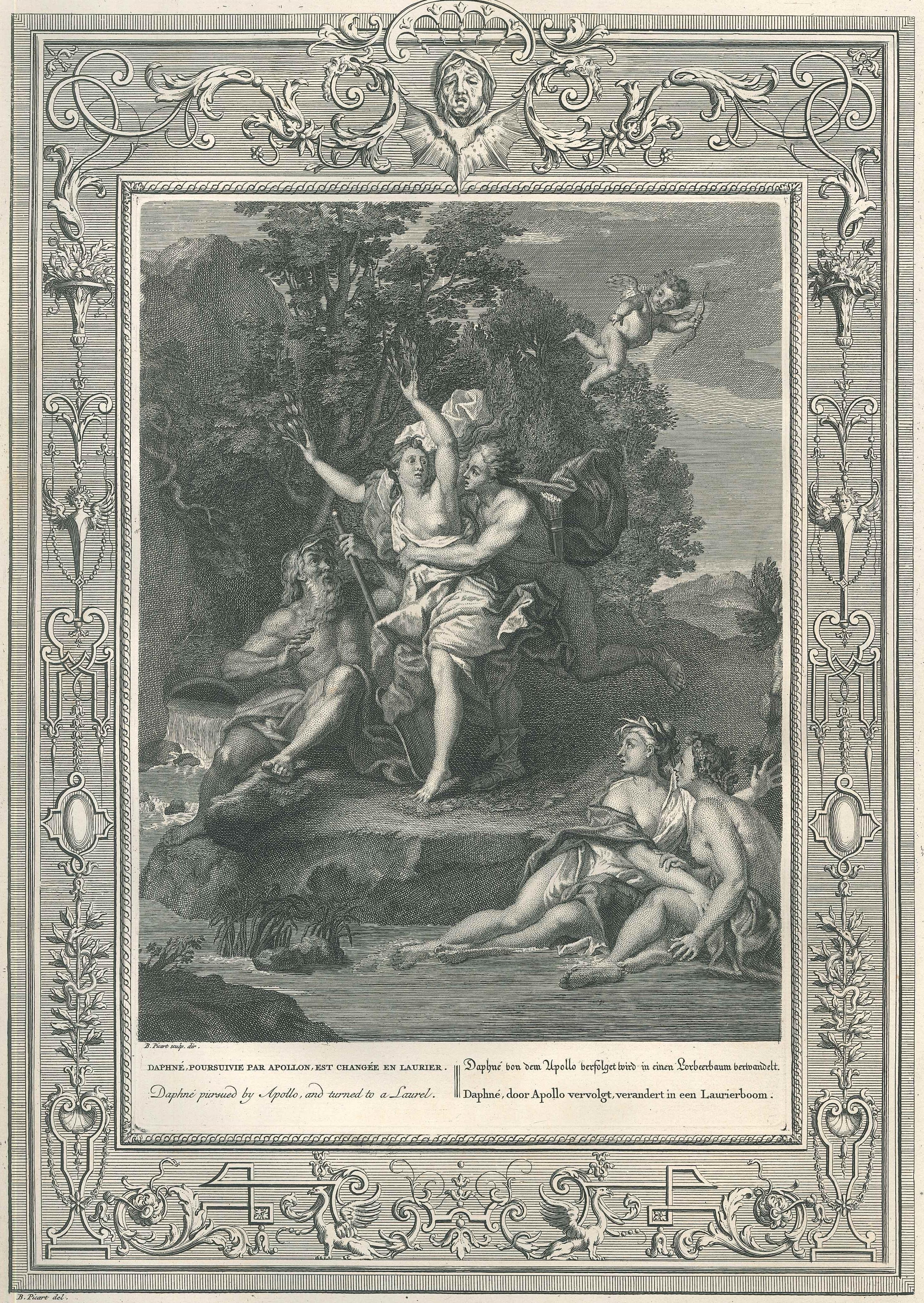 Bernard Picart Figurative Print - Daphné et Apollon, from "Temple des Muses" - Etching by B. Picart - 1742