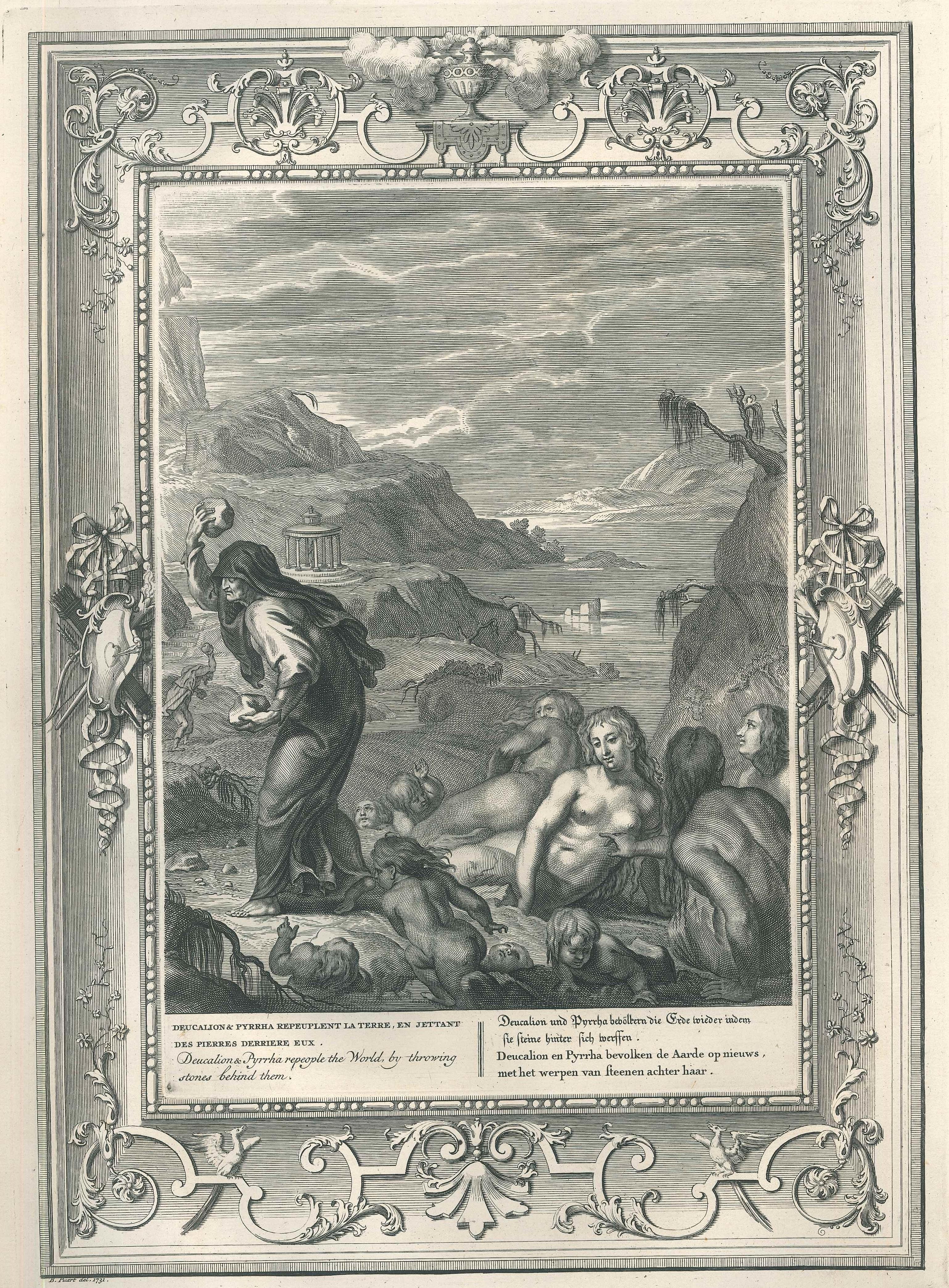 Deucalion et Pyrrha, aus „Temple des Muses“ – Radierung von B. Picart – 1742 – Print von Bernard Picart