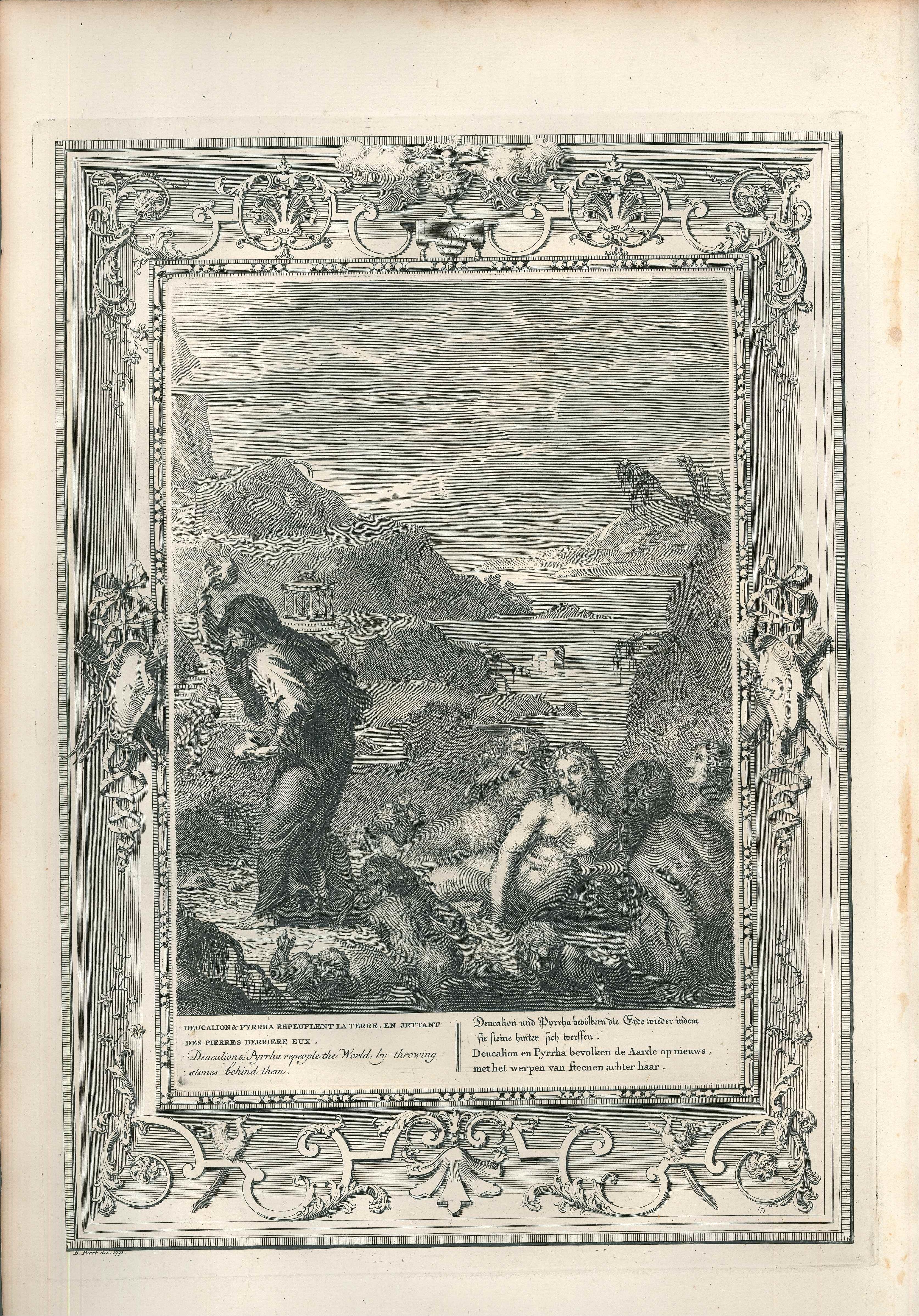 Deucalion et Pyrrha, aus „Temple des Muses“ – Radierung von B. Picart – 1742 (Alte Meister), Print, von Bernard Picart
