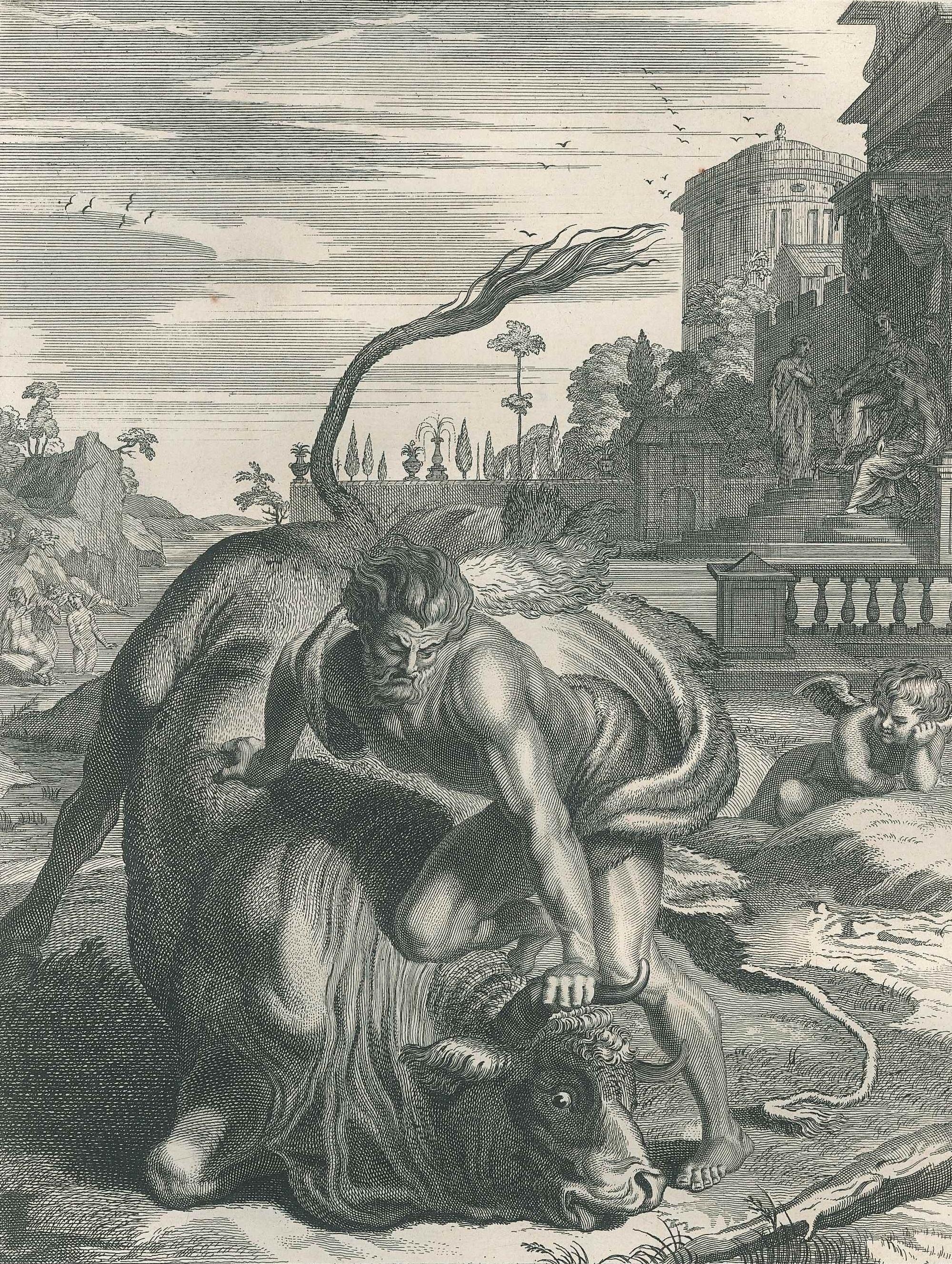 Bernard Picart Figurative Print - Hercule et le Taureau, from "Le Temple des Muses" by B. Picart
