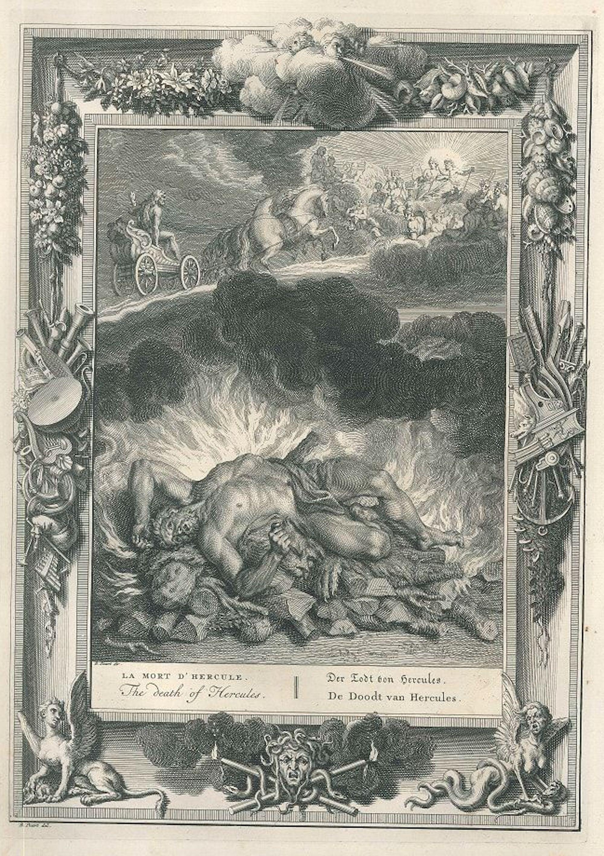 Bernard Picart Figurative Print – La Mort d''Hercule - Radierung von B. Picart - 1742