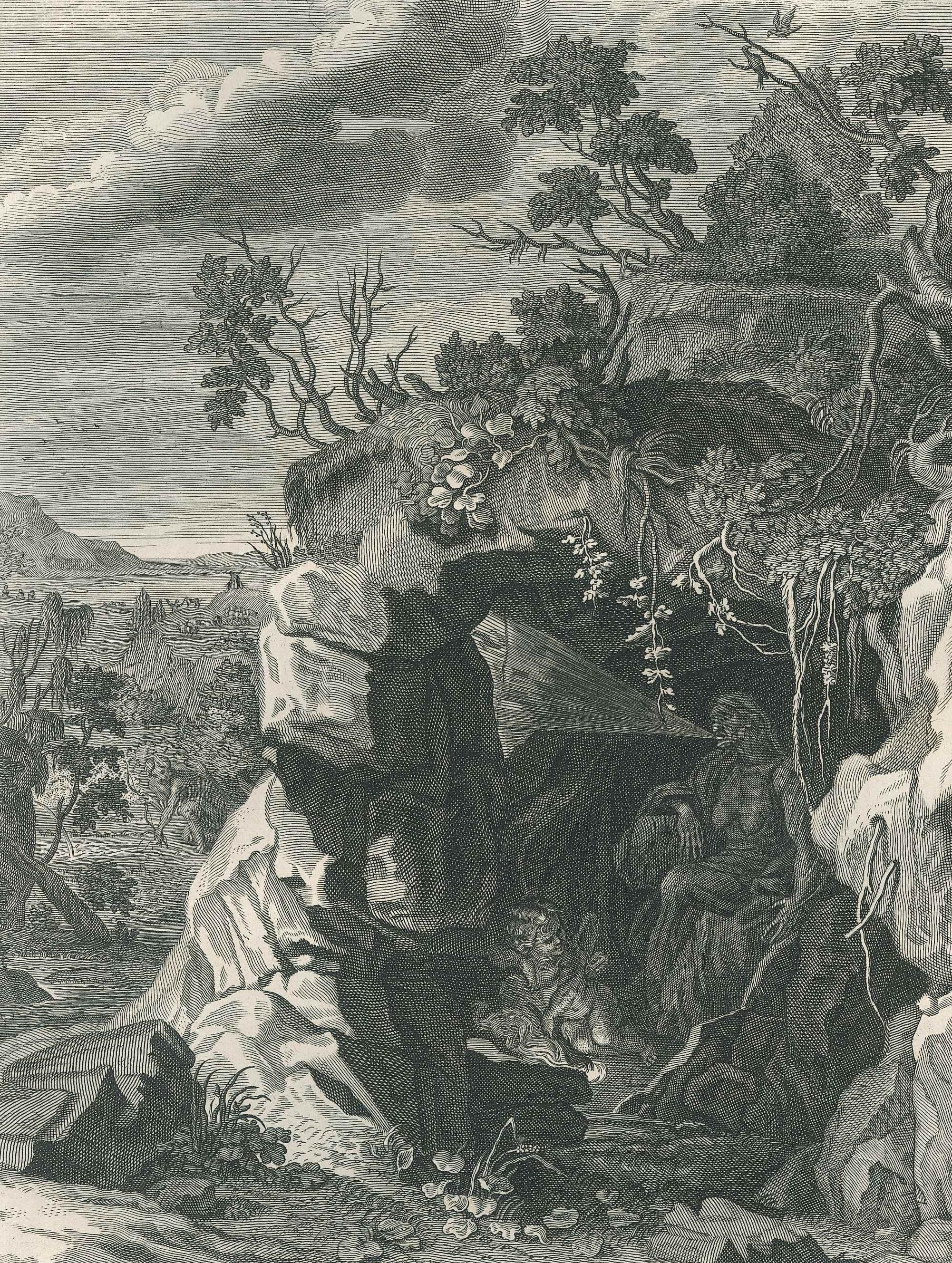 Bernard Picart Landscape Print – La Nymphe Echo - Radierung von B. Picart - 1742
