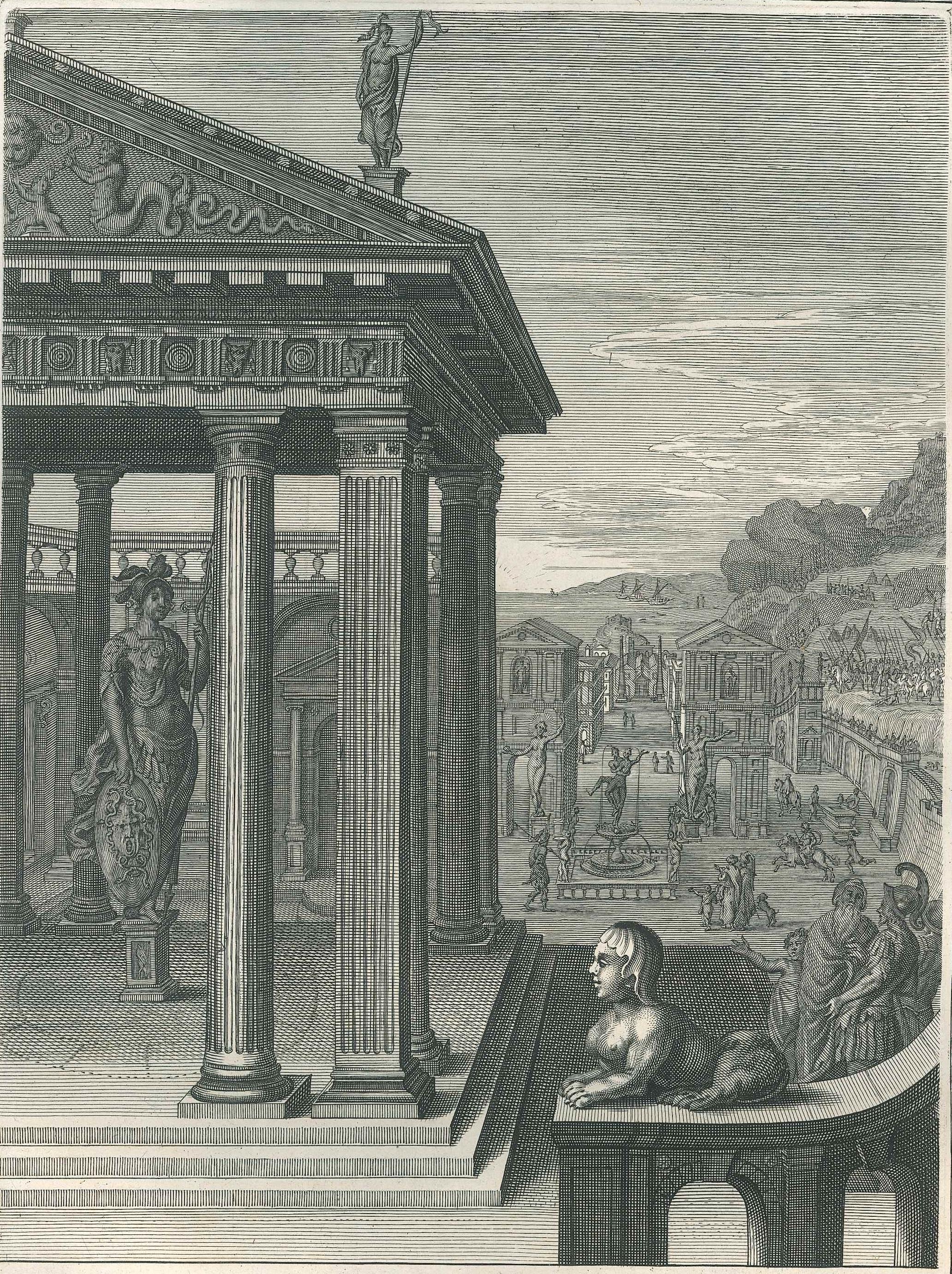 Bernard Picart Landscape Print - Le Palladium, from "Le Temple des Muses" - Original Etching by B. Picard - 1742 