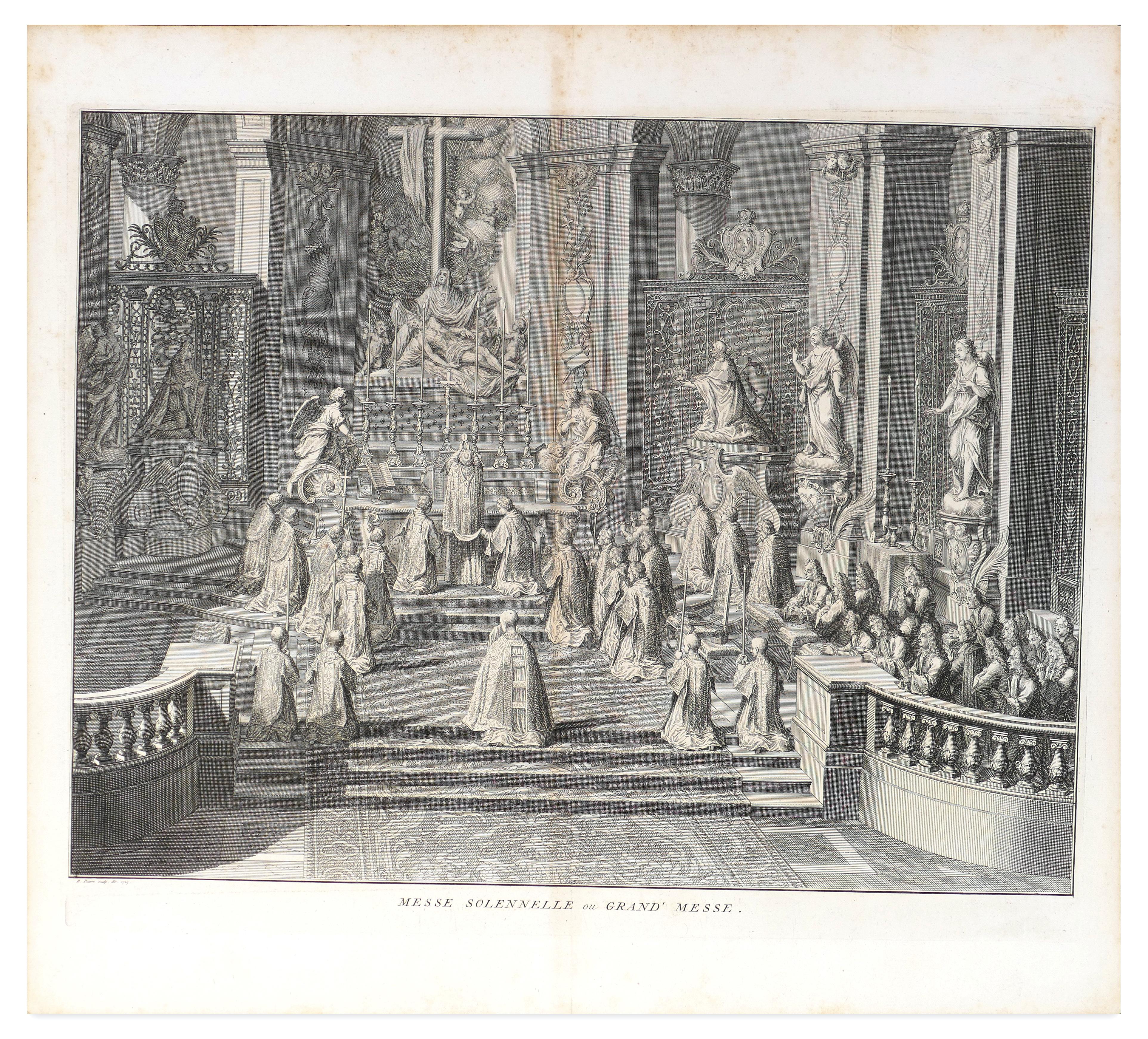 Bernard Picart Figurative Print - Messe Solennelle - Original Etching by by B. Picart - 1725