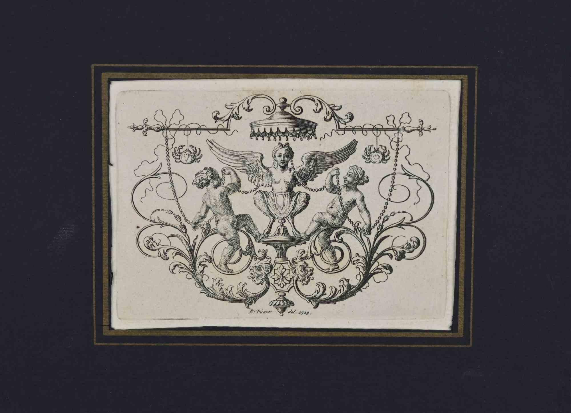 Motivos decorativos es un aguafuerte en blanco y negro sobre papel, realizado en 1729 por Bernard Picart.  

Firmado y fechado en la plancha, en el margen inferior. La obra está pegada en passepartout negro. Dimensiones totales: cm 13x18

Buenas
