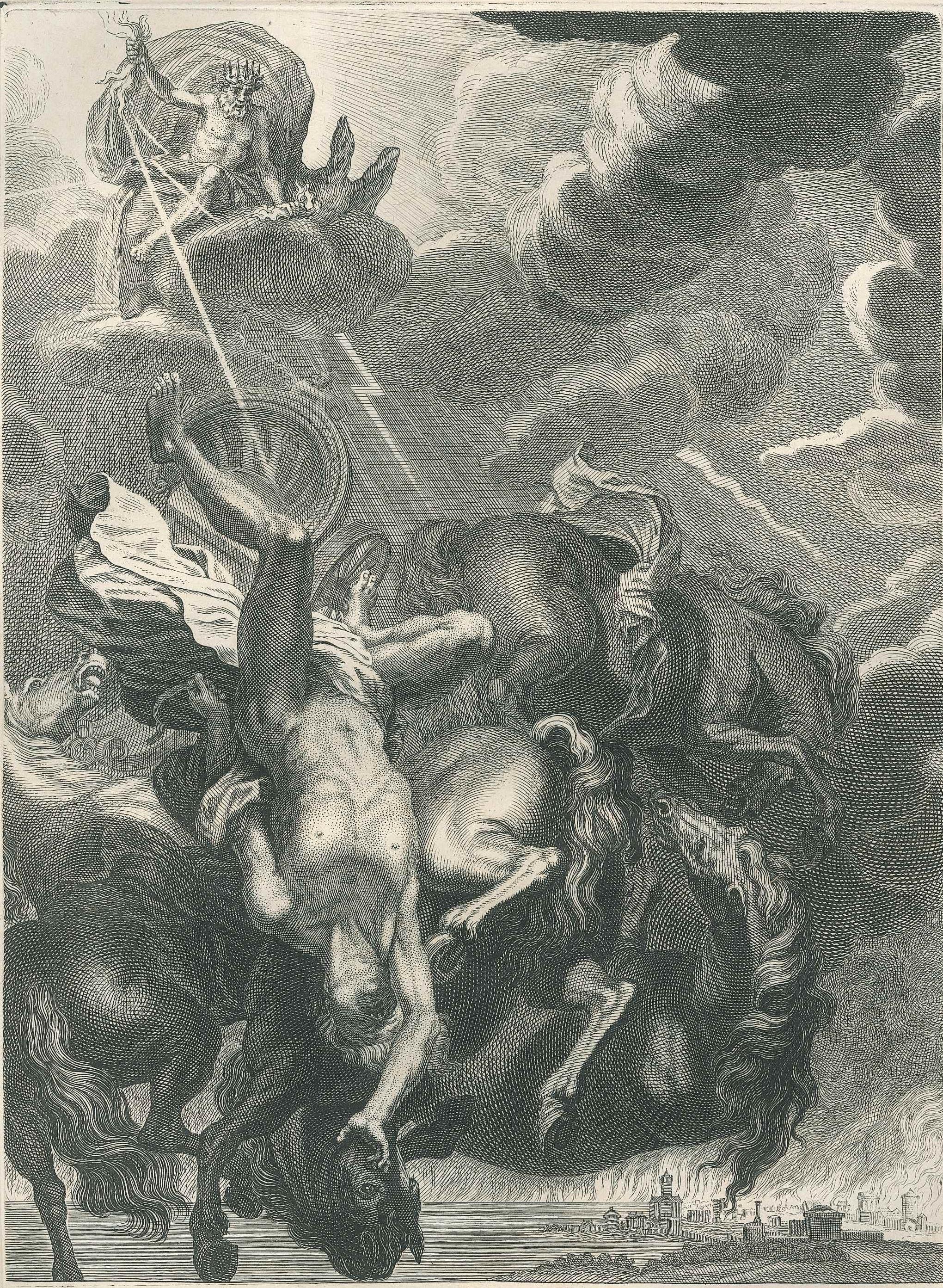 Bernard Picart Figurative Print - Phaeton Foudroyé par Jupiter - Etching by B. Picart - 1742