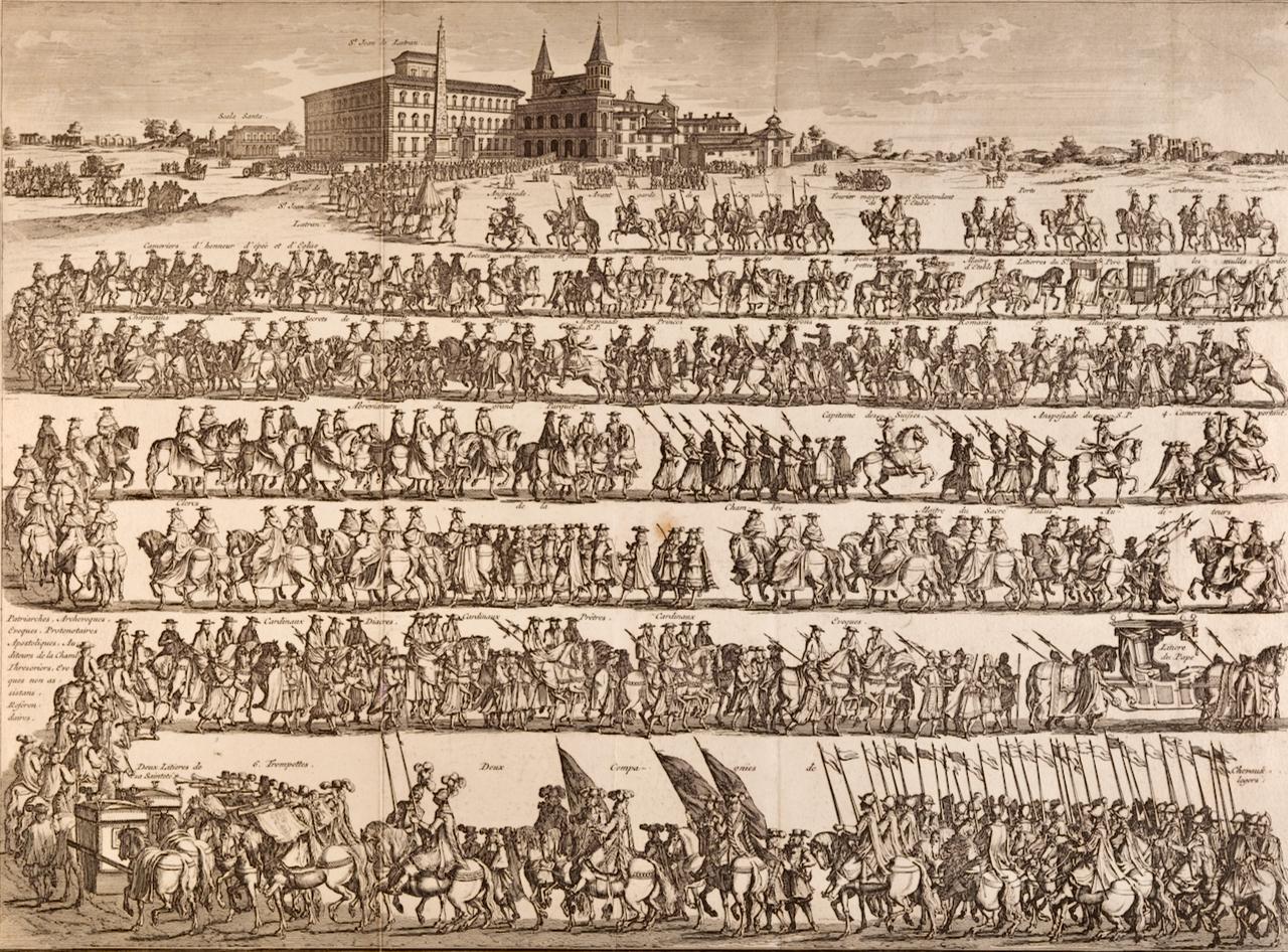 Procession for the Papal Installation: A Framed 18th Century Engraving by Picart - Gray Landscape Print by Bernard Picart