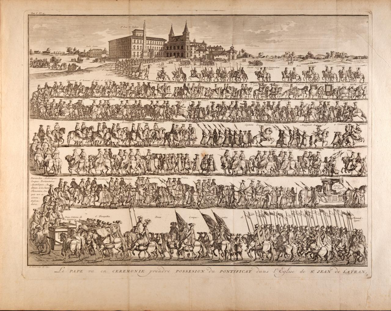 Procession for the Papal Installation: A Framed 18th Century Engraving by Picart - Print by Bernard Picart