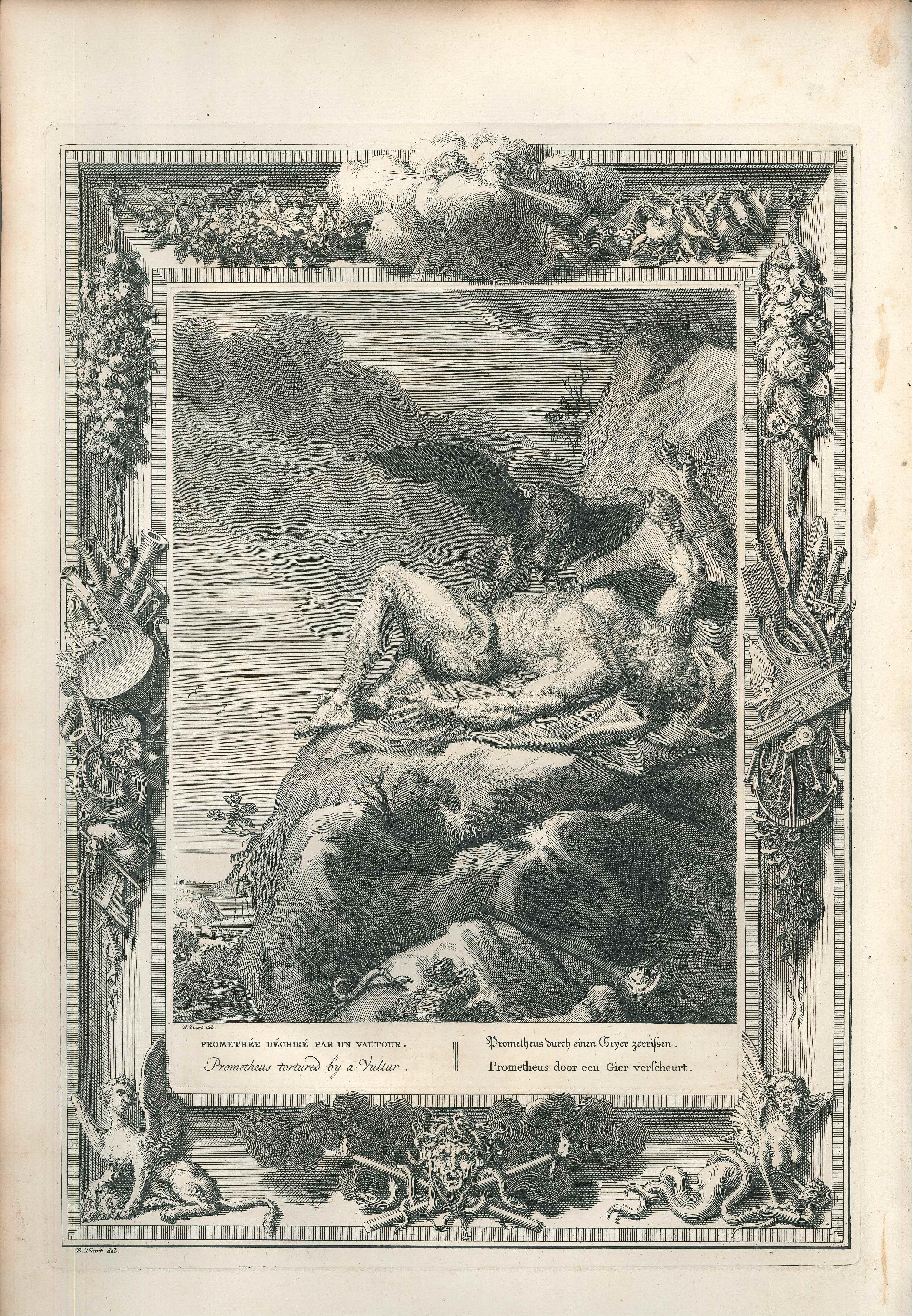 Black and white etching on wire rod paper, representing the Greek myth of Prometheus, tortured by a vultur.

Beautiful plate with fresh impression, from the volume “Le Temple des Muses”, published in Amsterdam in 1742 by Zacharias Chatelain. Capture