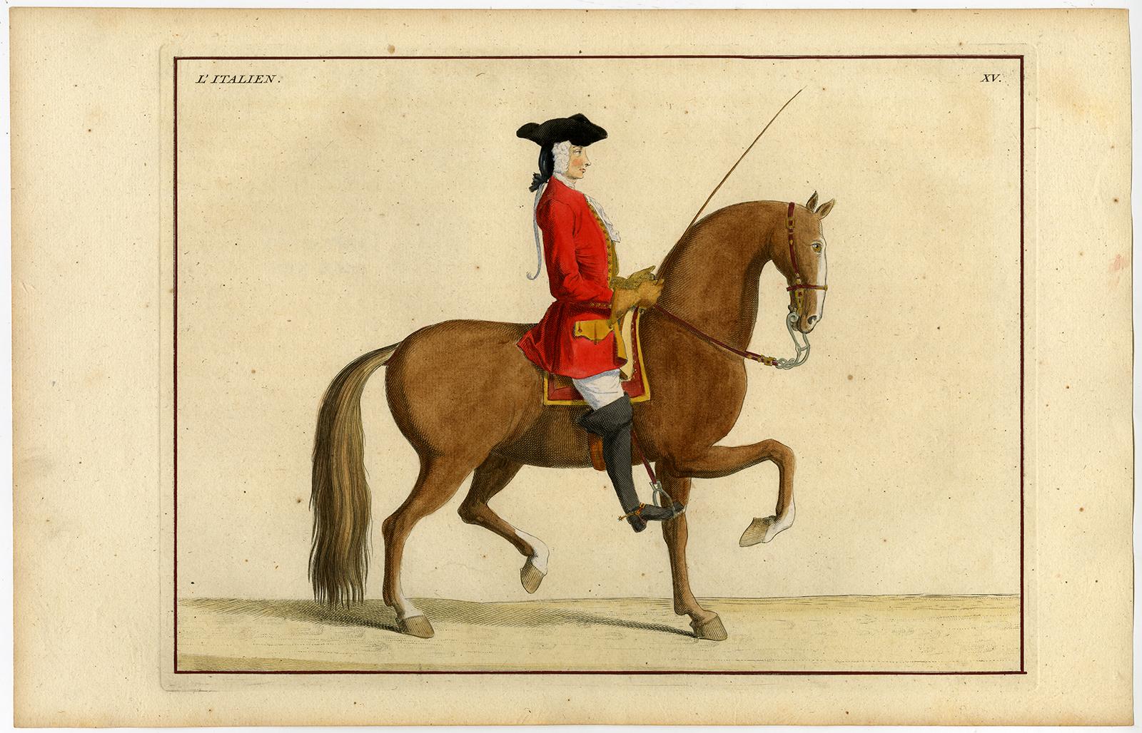 Set of 21 handcoloured etching/engraving on hand laid (verge type) paper:

Plate IX: MODESTY (Le Modeste)
Plate XV: ITALIAN (L'Italien)
Plate XVI: GENDARME (Le Gendarme)
Plate XVII: GENERAL (Le General)
Plate XIX: CHARM (Le Charme)
Plate XX: NOBLE