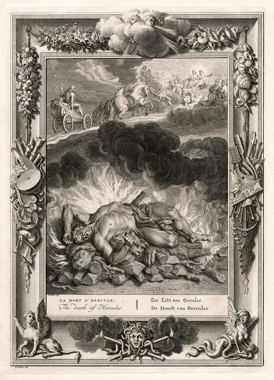 Bernard Picart Figurative Print - 'The Death of Hercules' from 'The Temple of the Muses' — 18th Century Engraving