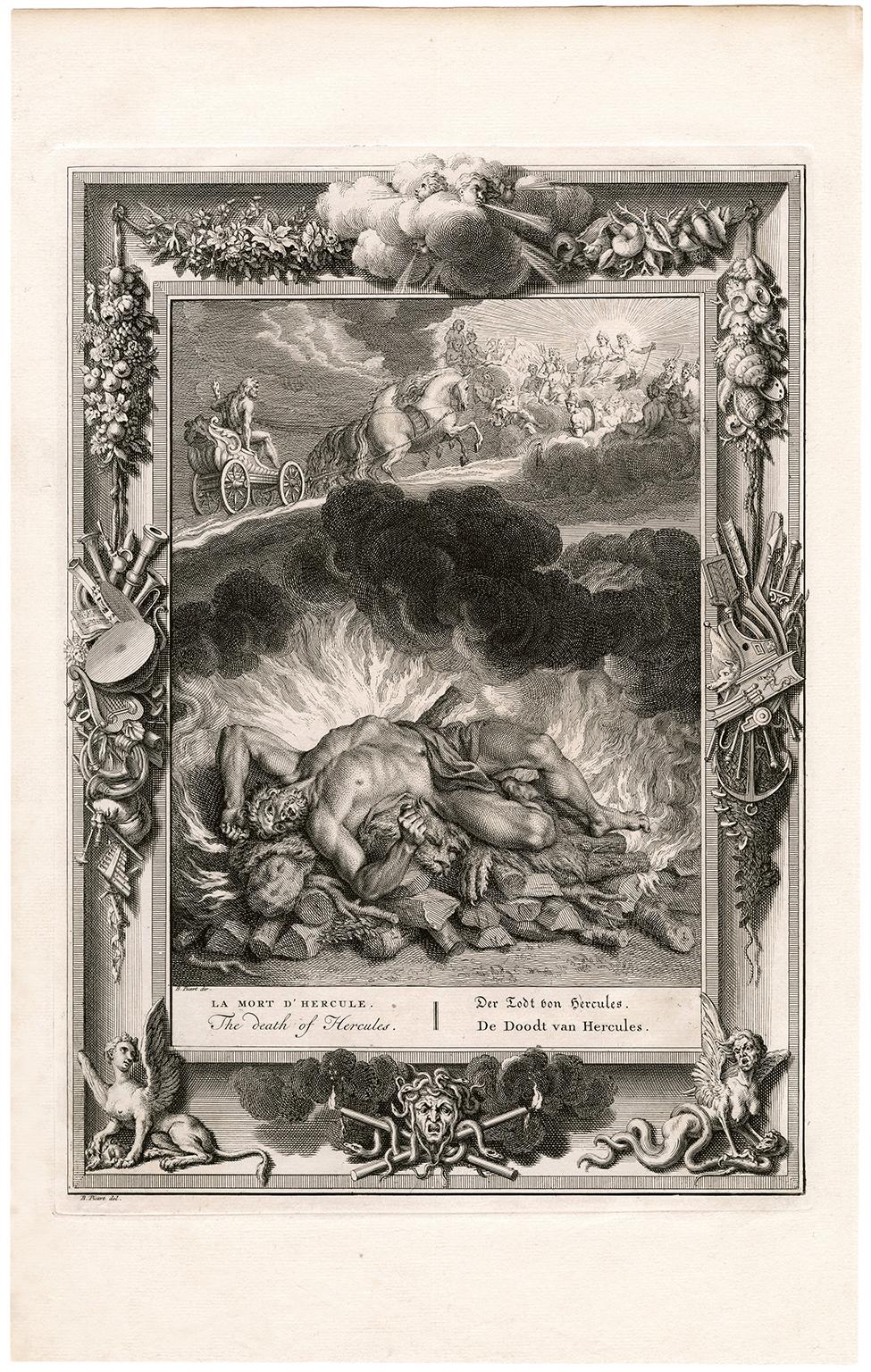'The Death of Hercules' from 'The Temple of the Muses' — 18th Century Engraving - Print by Bernard Picart