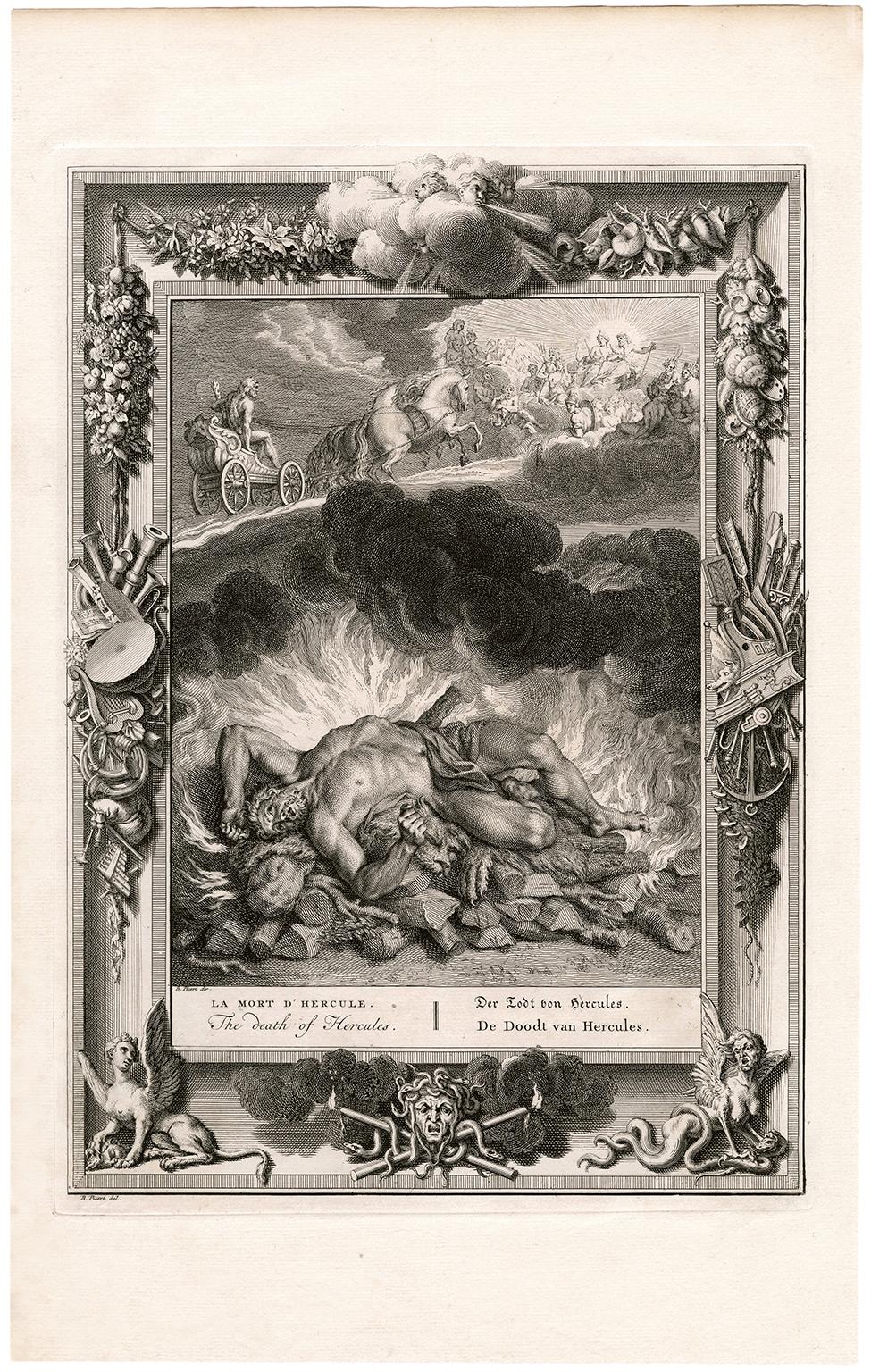 'The Death of Hercules' from 'The Temple of the Muses' — 18th Century Engraving - Print by Bernard Picart