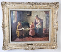 Bernard Pothast Antique Original Oil Painting on Canvas of a Mother & Children