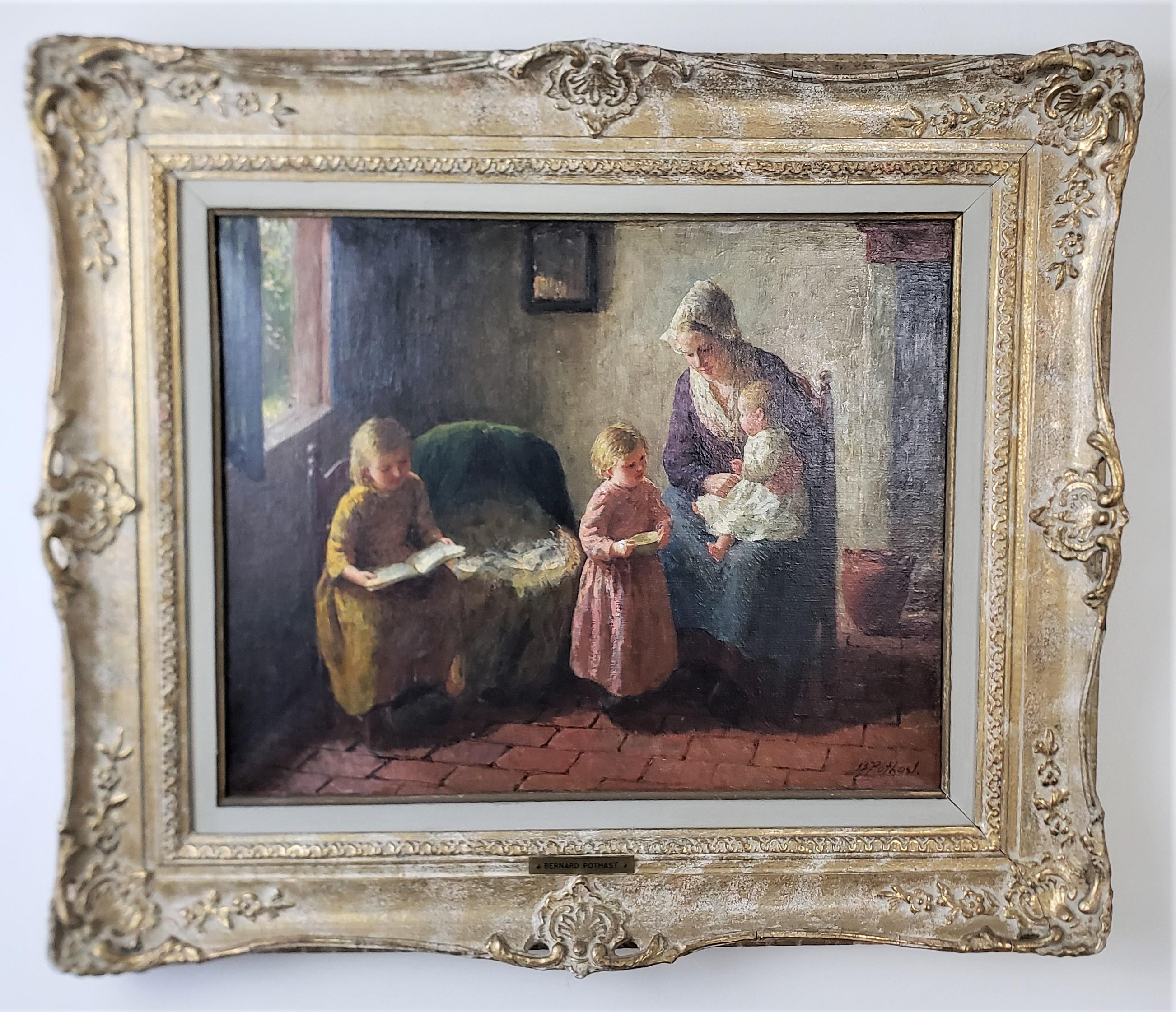 Art déco Peinture à l'huile originale sur toile de Bernard Pothast représentant une mère et ses enfants en vente