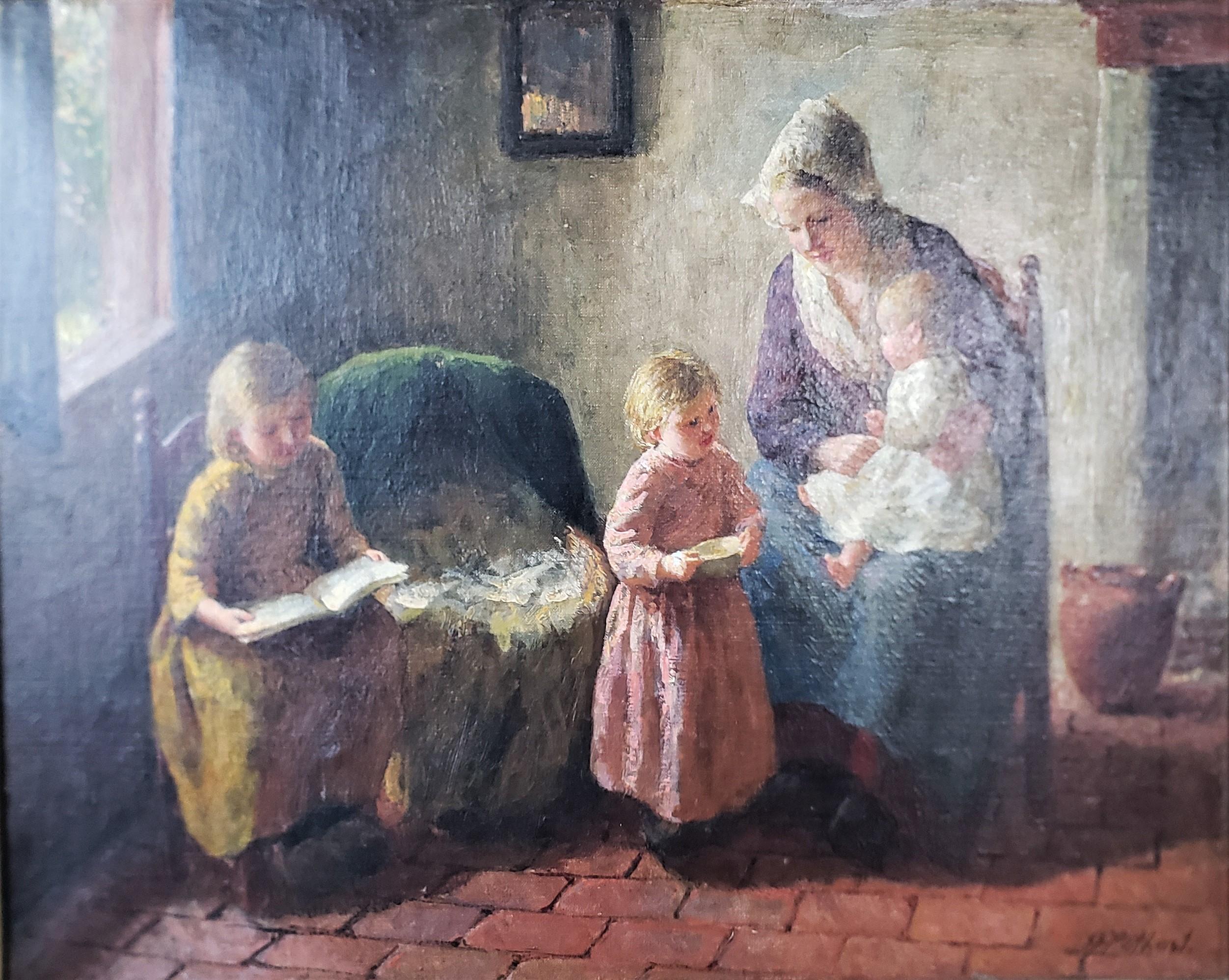 Art Deco Bernard Pothast Antique Original Oil Painting on Canvas of a Mother & Children For Sale