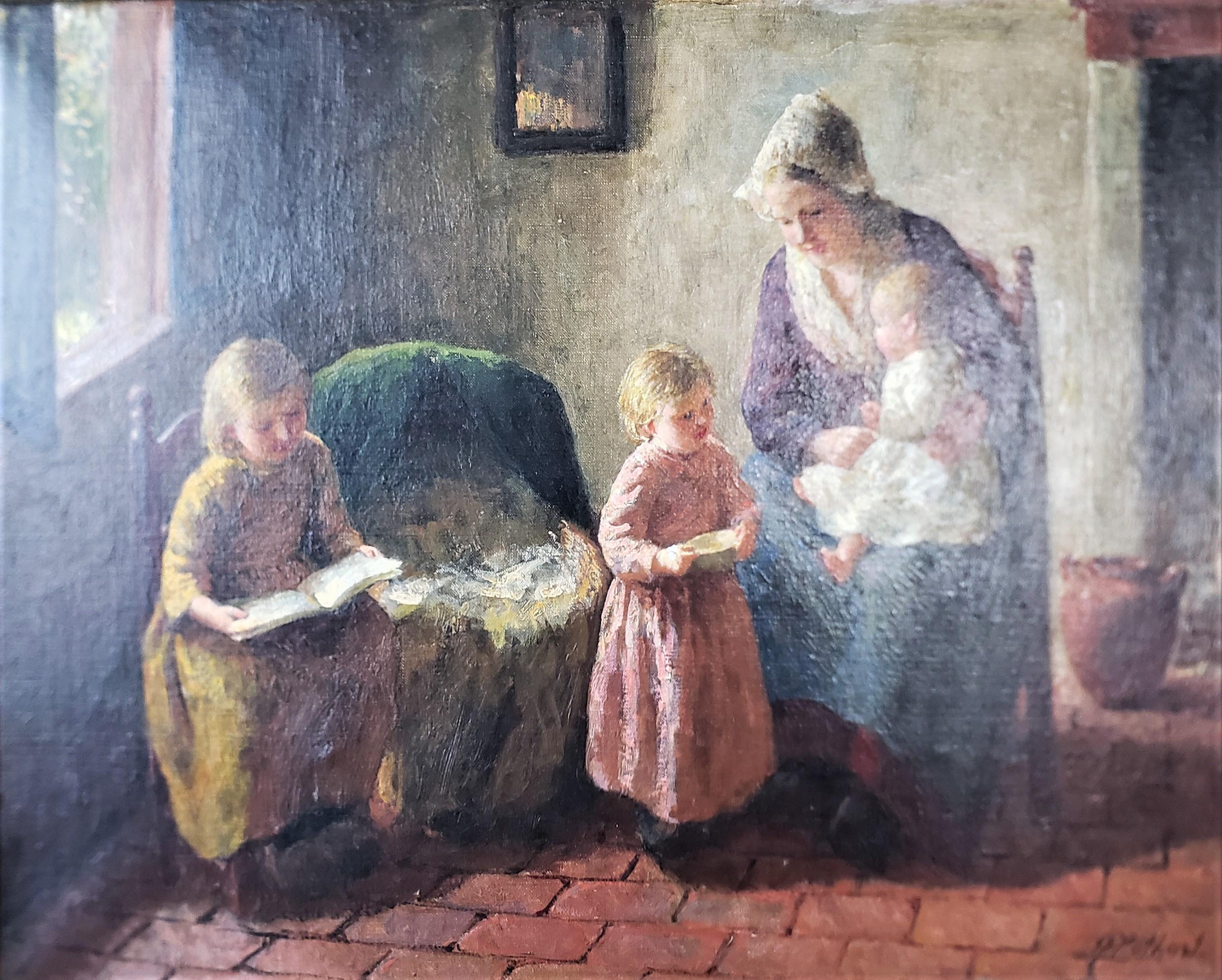 Peint à la main Peinture à l'huile originale sur toile de Bernard Pothast représentant une mère et ses enfants en vente