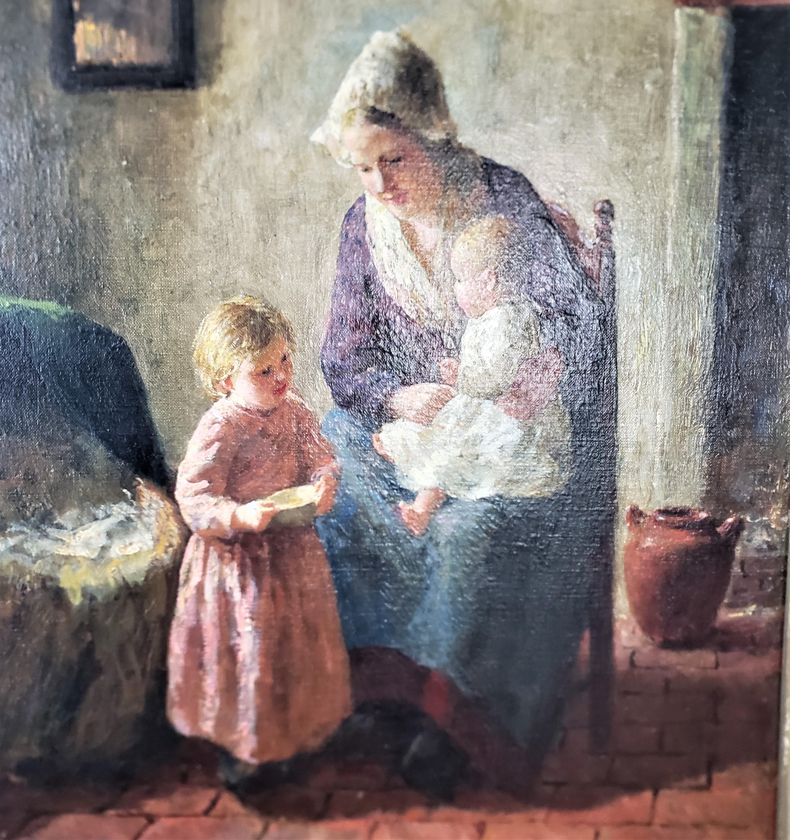 Hand-Painted Bernard Pothast Antique Original Oil Painting on Canvas of a Mother & Children For Sale