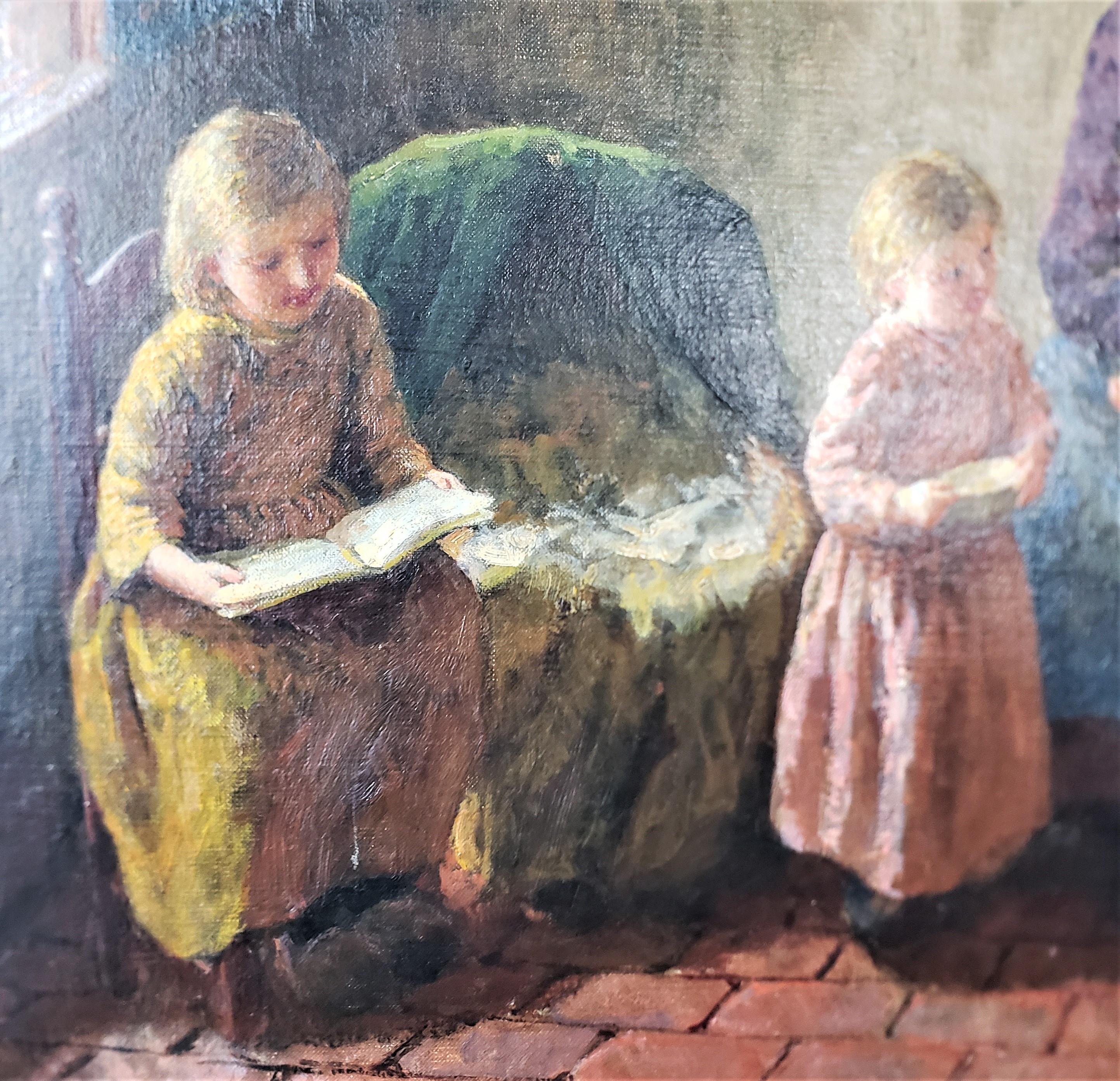 20ième siècle Peinture à l'huile originale sur toile de Bernard Pothast représentant une mère et ses enfants en vente