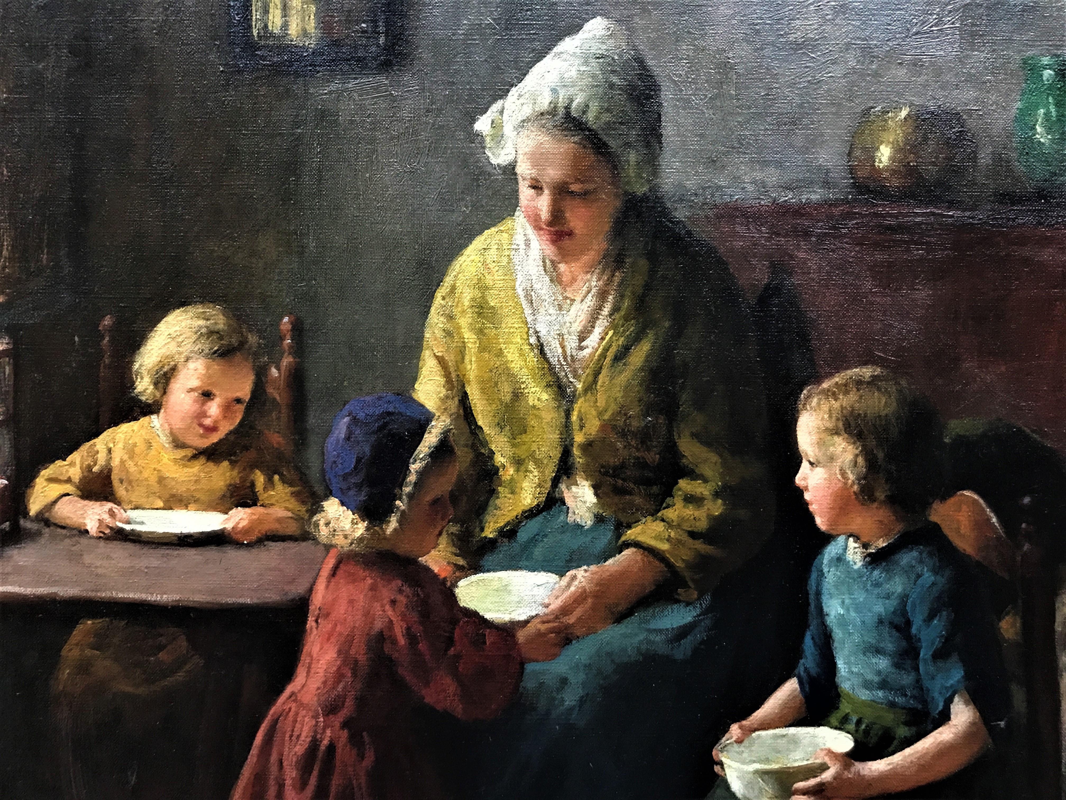 « Mère et enfants, scène de famille familiale d'intérieur néerlandaise, huile sur toile, vers 1930 - Romantique Painting par Bernard Pothast