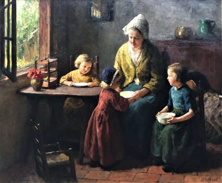 Bernard Pothast Figurative Painting - "Mother and Children”, Dutch interior family scene, oil on canvas, circa 1930