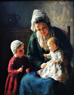 „Mutter und Töchter“, niederländische Interieurszene, romantischer Stil, Öl auf Leinwand