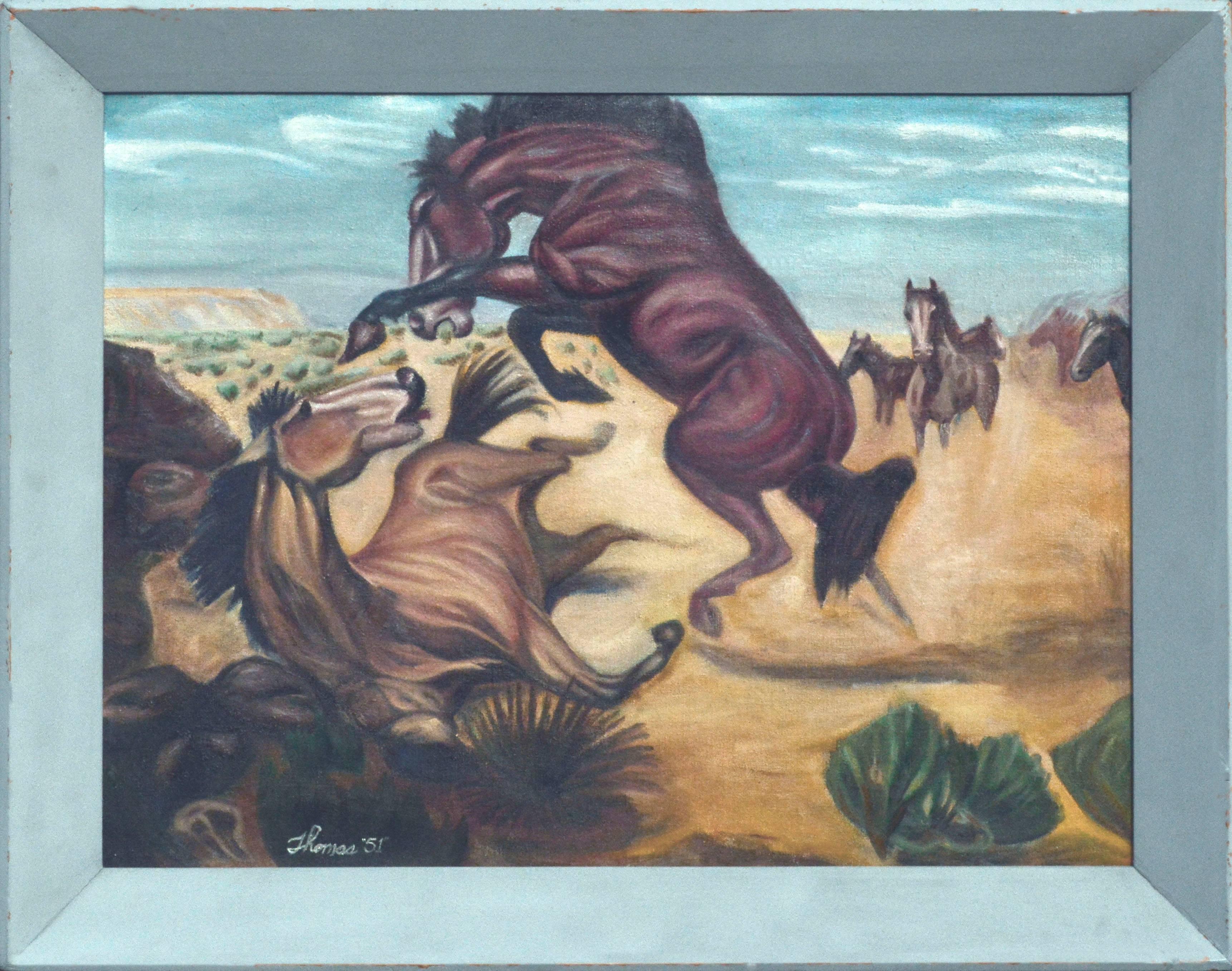 "King of the Range" - Mid Century Western Fighting Stallions, Signed, 1951
