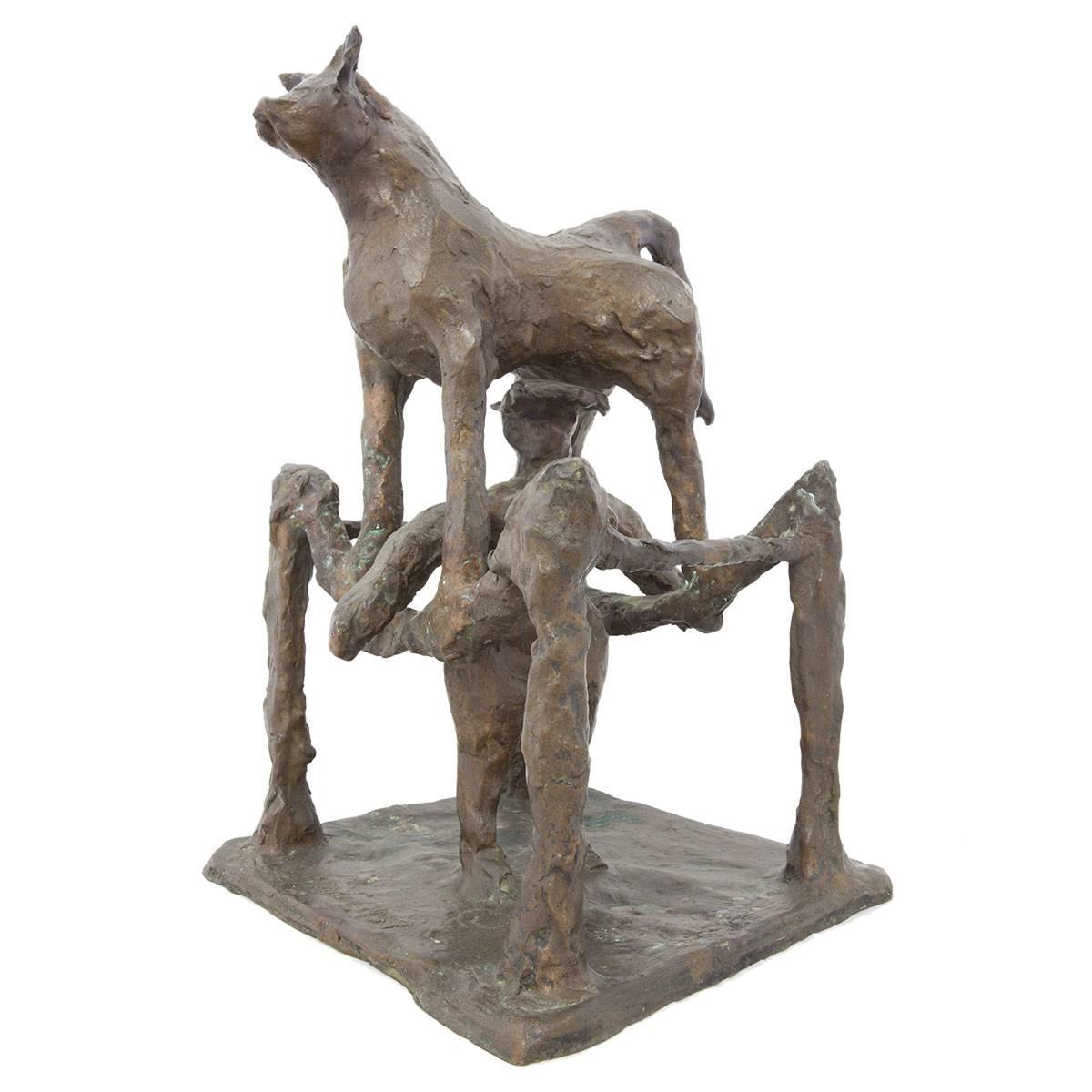 Rare Large Modern Bronze Sculpture Woman with Bull - Gold Figurative Painting by Bernard Reder