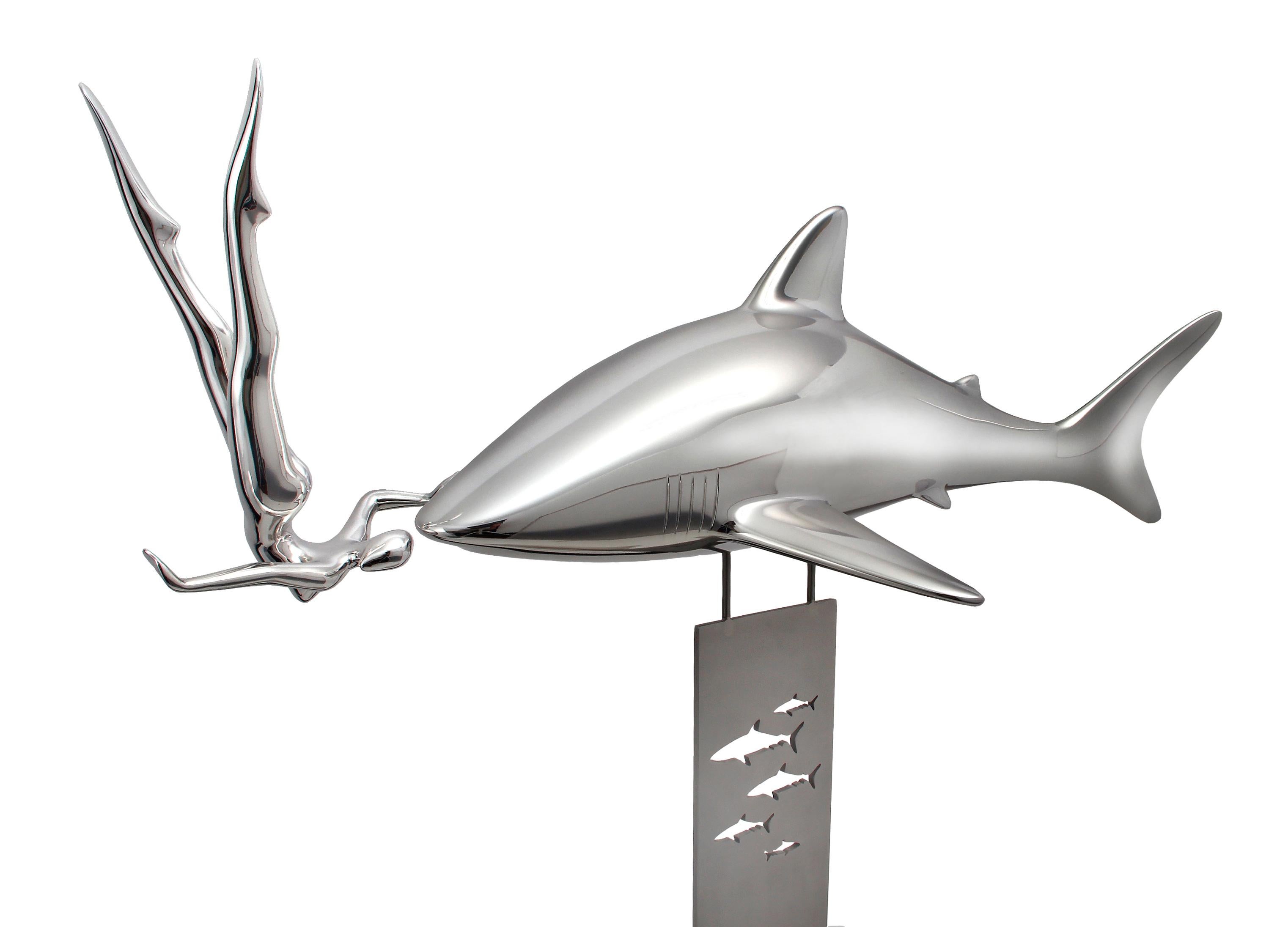 Bernard Rives  Shark  Silver  SOS  original Aluminiun fiberglass sculpture For Sale 1