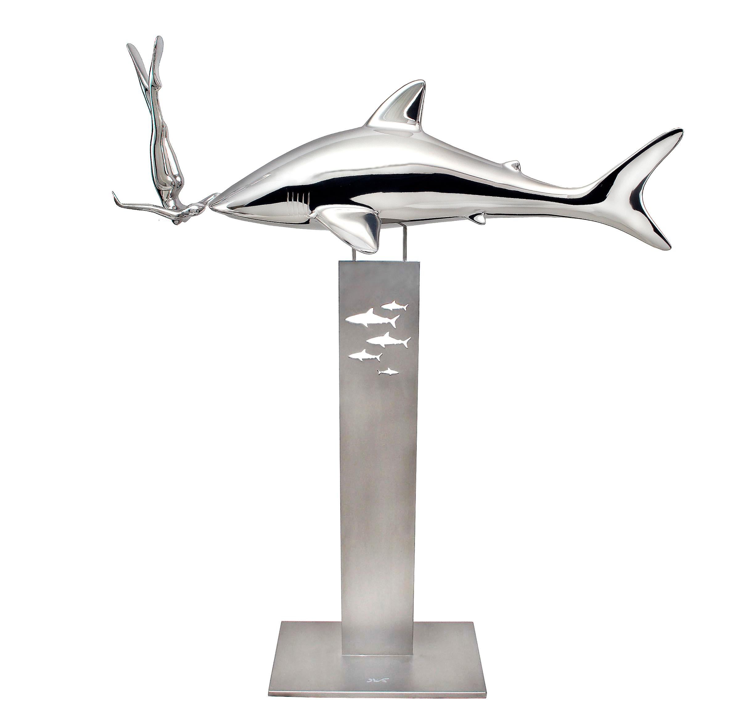 Bernard Rives  Shark  Silver  SOS  original Aluminiun fiberglass sculpture For Sale 3
