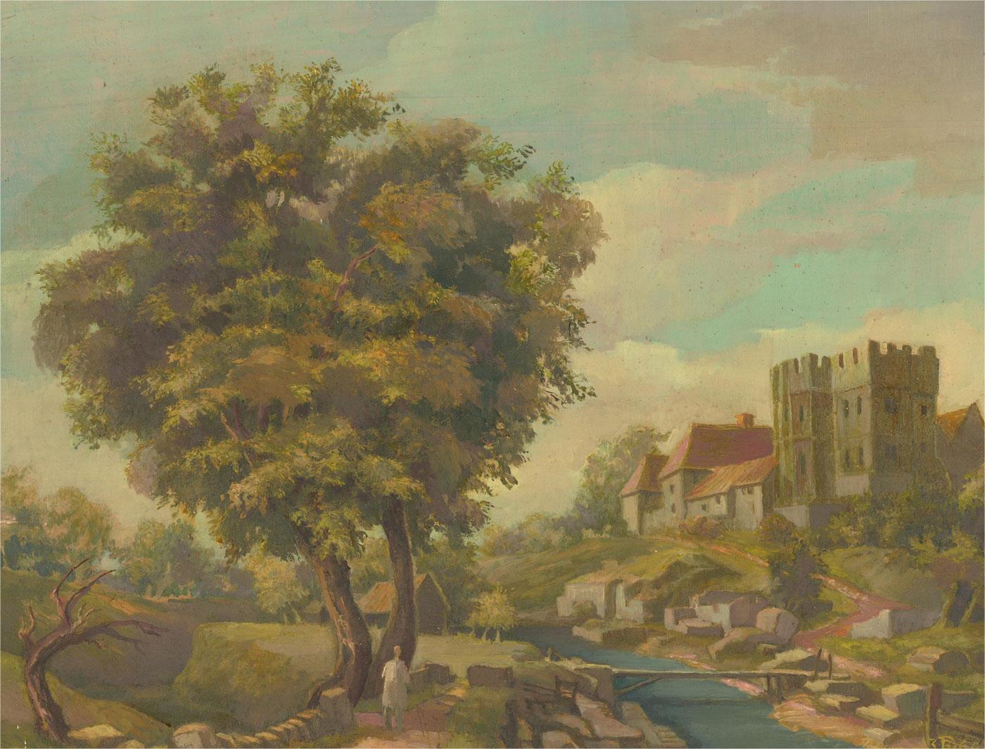 An idyllic country landscape depicting a small castle beside a river. A man walks along the path in the foreground. Monogrammed and dated to the lower-right corner. On panel.