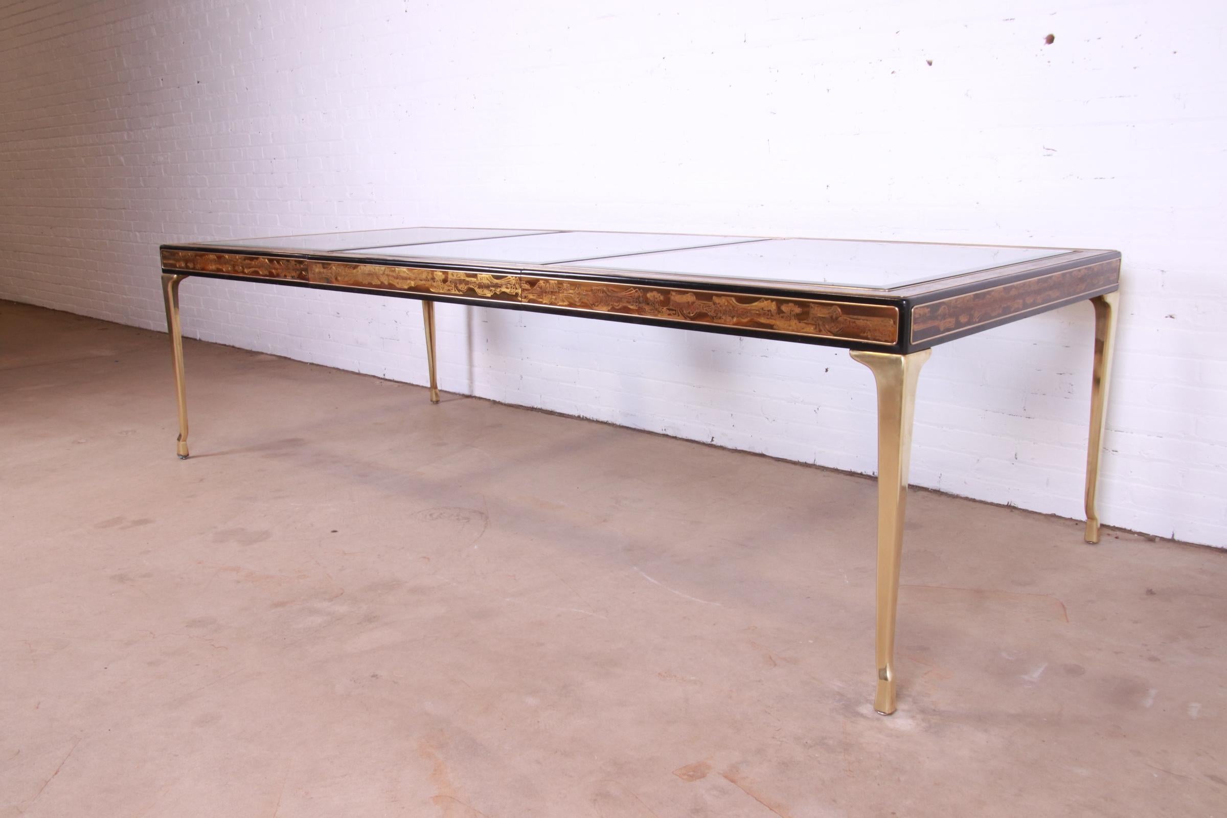 American Bernard Rohne for Mastercraft Acid Etched Brass Extension Dining Table, 1970s