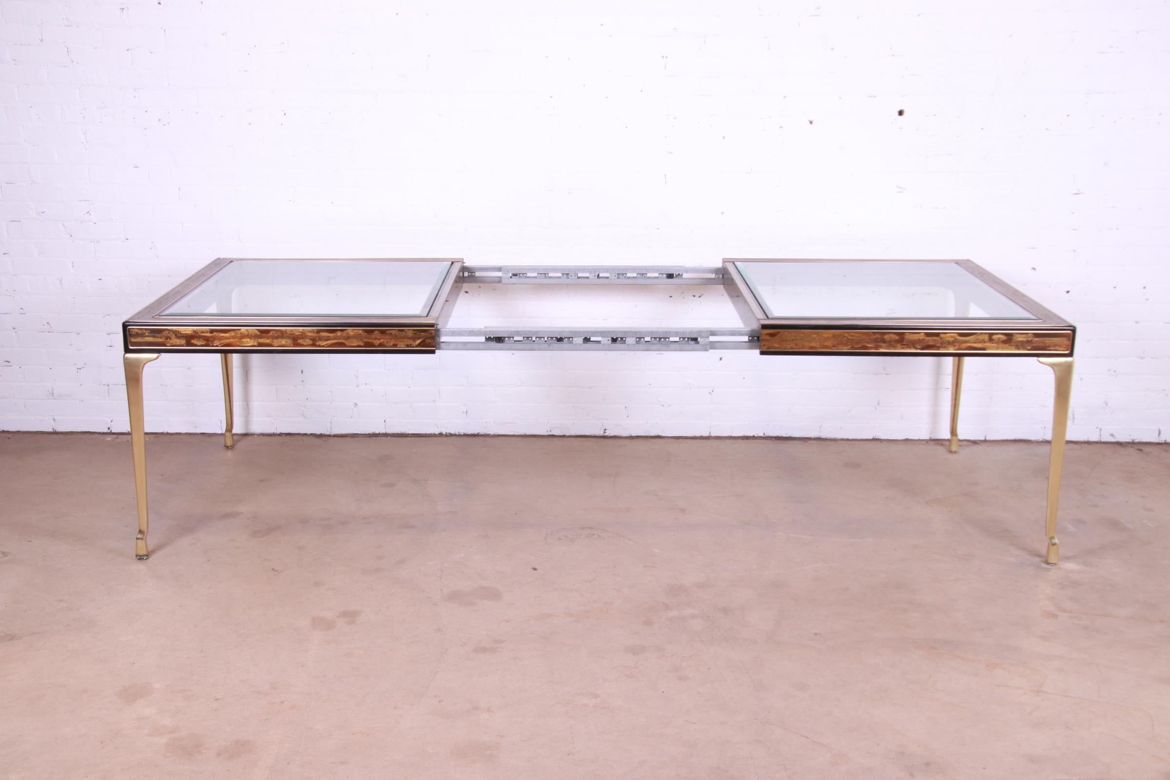 Bernard Rohne for Mastercraft Acid Etched Brass Extension Dining Table, 1970s 2