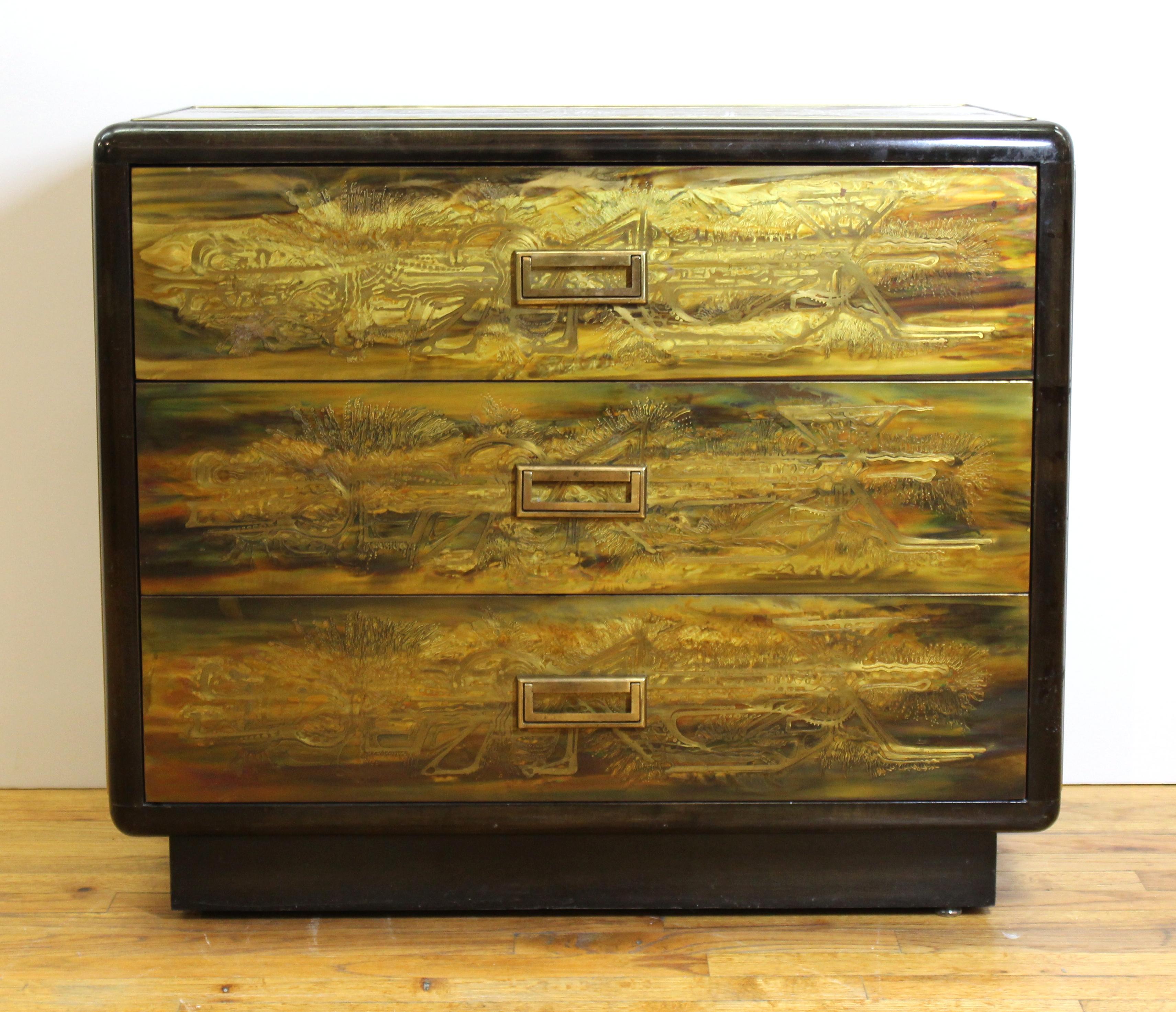 Mid-Century Modern acid etched chest of drawers made by Bernard Rohne for Mastercraft in the 1970's. The piece has three drawers and brass hardware. In great vintage condition with age-appropriate wear.