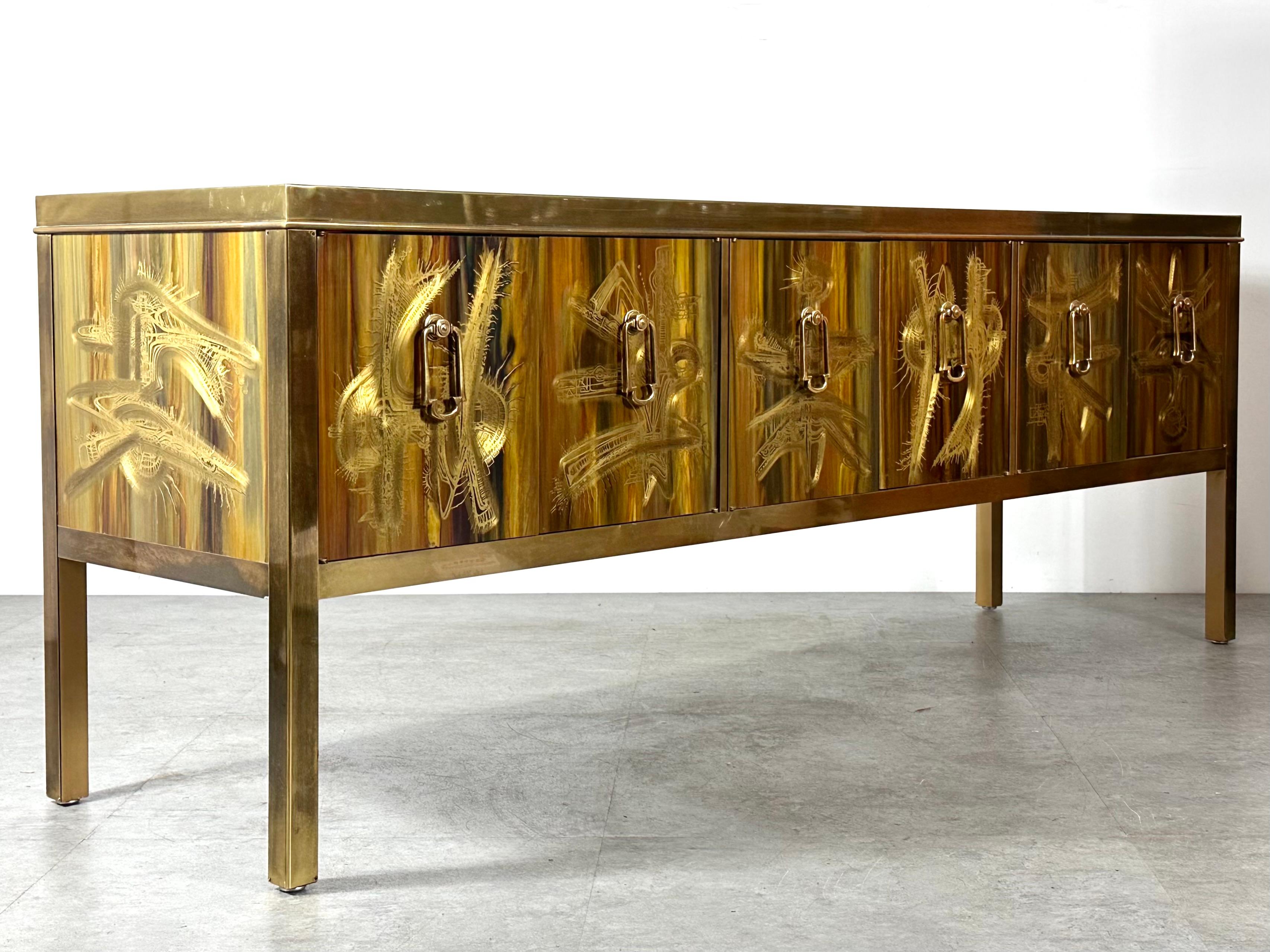 Bernard Rohne for Mastercraft Acid Etched Brass Credenza Mid Century 1970s For Sale 1