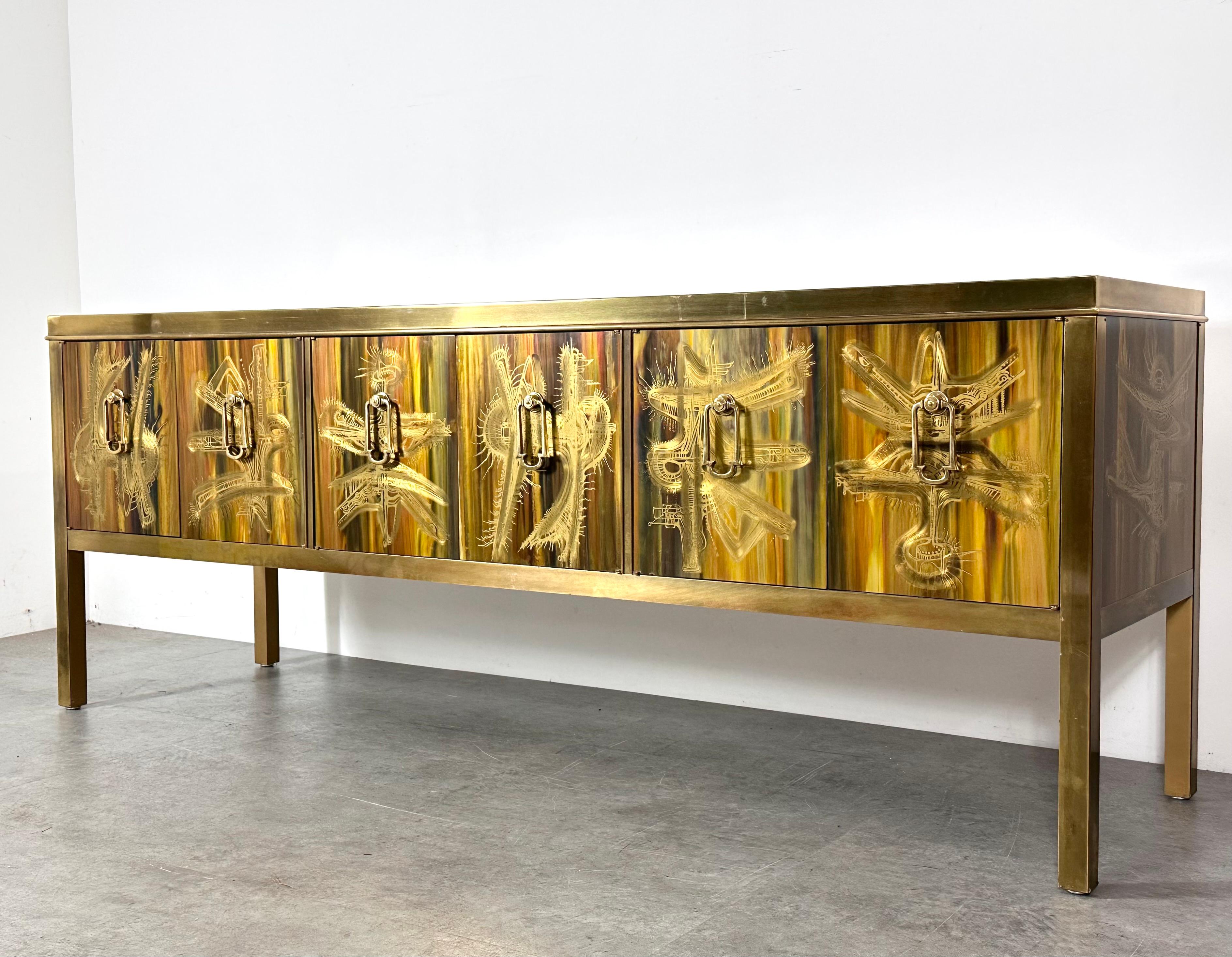 Bernard Rohne for Mastercraft Acid Etched Brass Credenza Mid Century 1970s For Sale 2